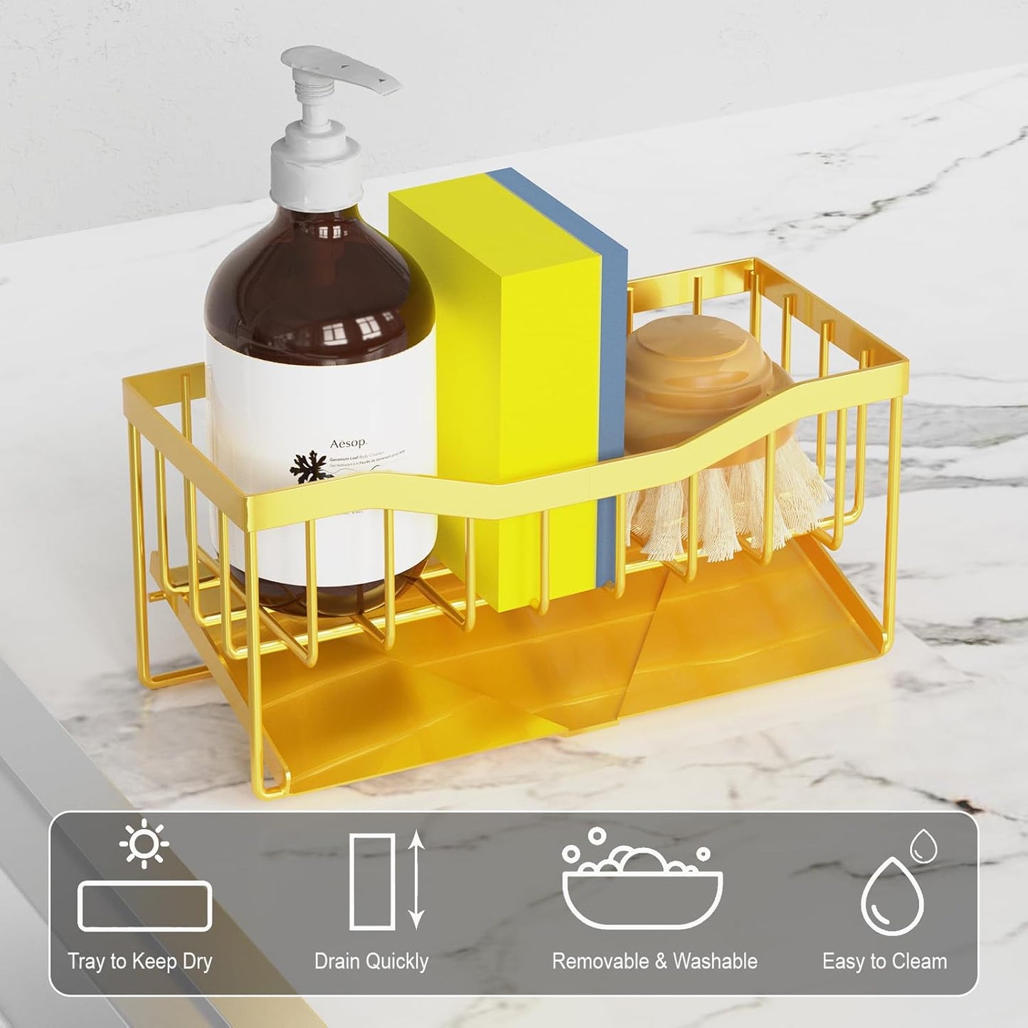 Vanwood Sink Organizer with Auto Draining Tray, Cocina Sponge Caddy and Dish Soap Holder