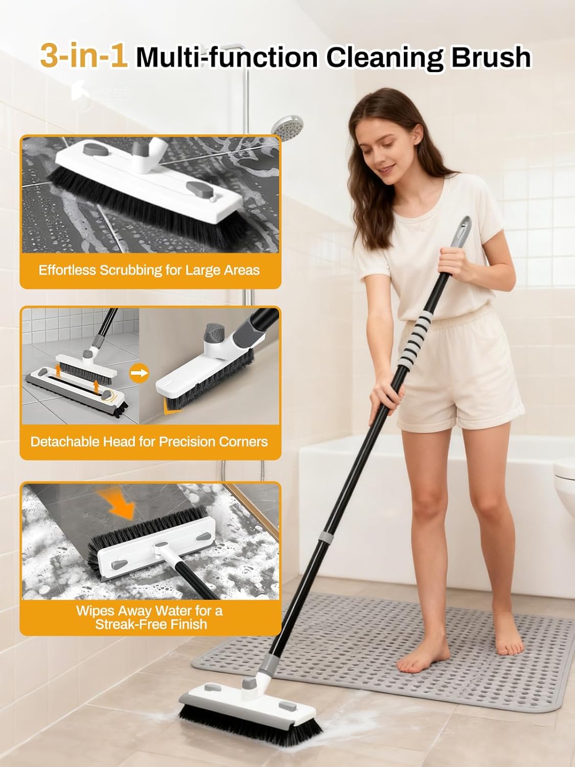 3 in 1 Floor Scrub Brush with Long Handle 55" Push Broom Stiff Bristle Scrubber Brush Squeegee Scrape & Detachable V-Grout Brush for Bathroom Kitchen Tile Deck Patio Garage Concrete Wall Cleaning Tool