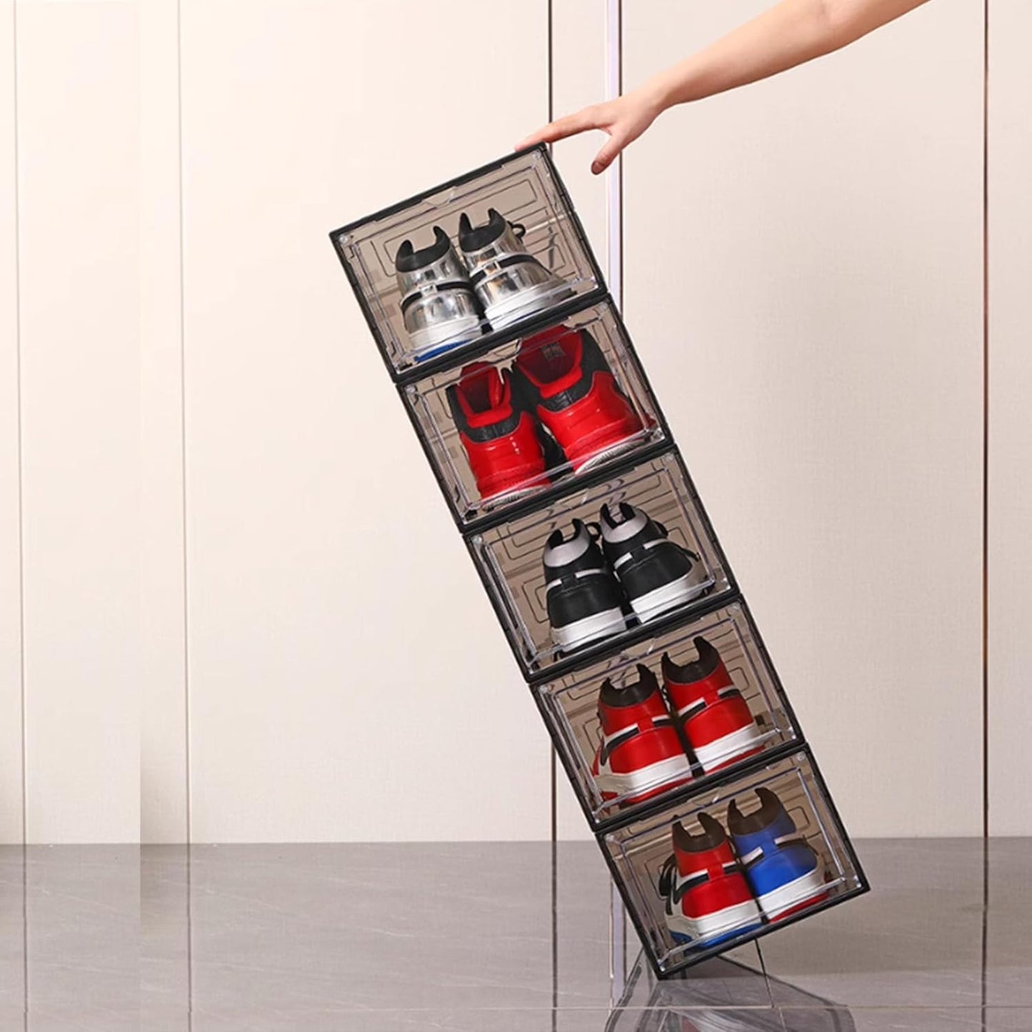 XXL Drop Front Shoe Storage Box Stackable, 8 Pack Shoe Display Case Fit US 15,Sneaker Storage Shoe Containers with Magnetic Door（8 PACK BLACK