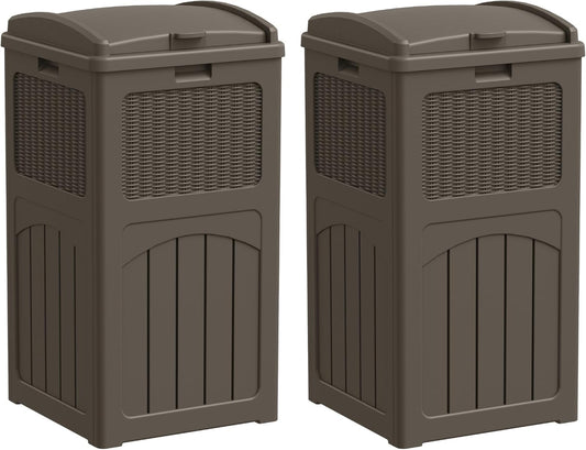 Greesum 33 Gallon Outdoor Trash Can with Lid (2-Pack), Heavy Duty Resin Garbage Bin, Waterproof & UV Resistant for Patio, Garden, Deck, Yard, Brown