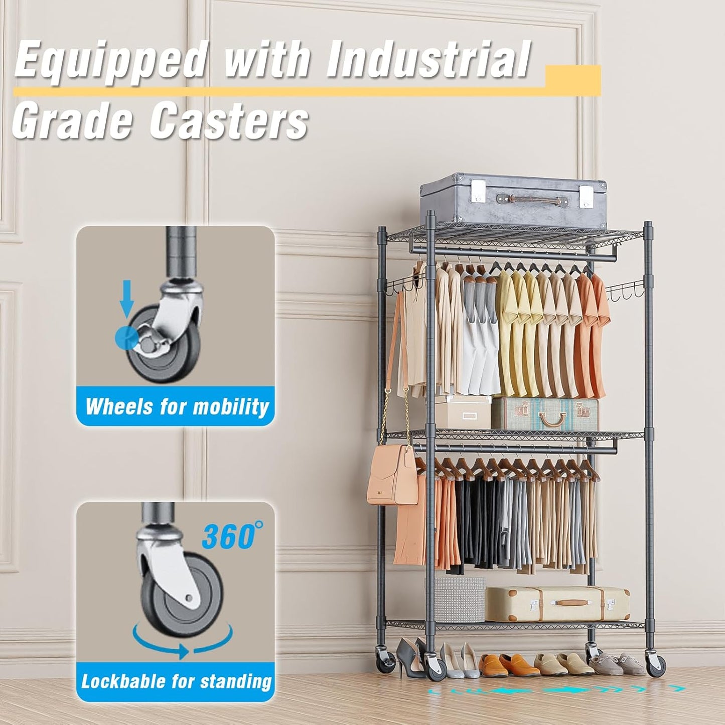 Homdox Garment Rack Heavy Duty, 3 Tier Rolling Clothing Racks for Hanging Clothes, Metal Wardrobe Closet, Free-Standing Clothes Organizer Rack with Double Rods & Side hooks, Gray