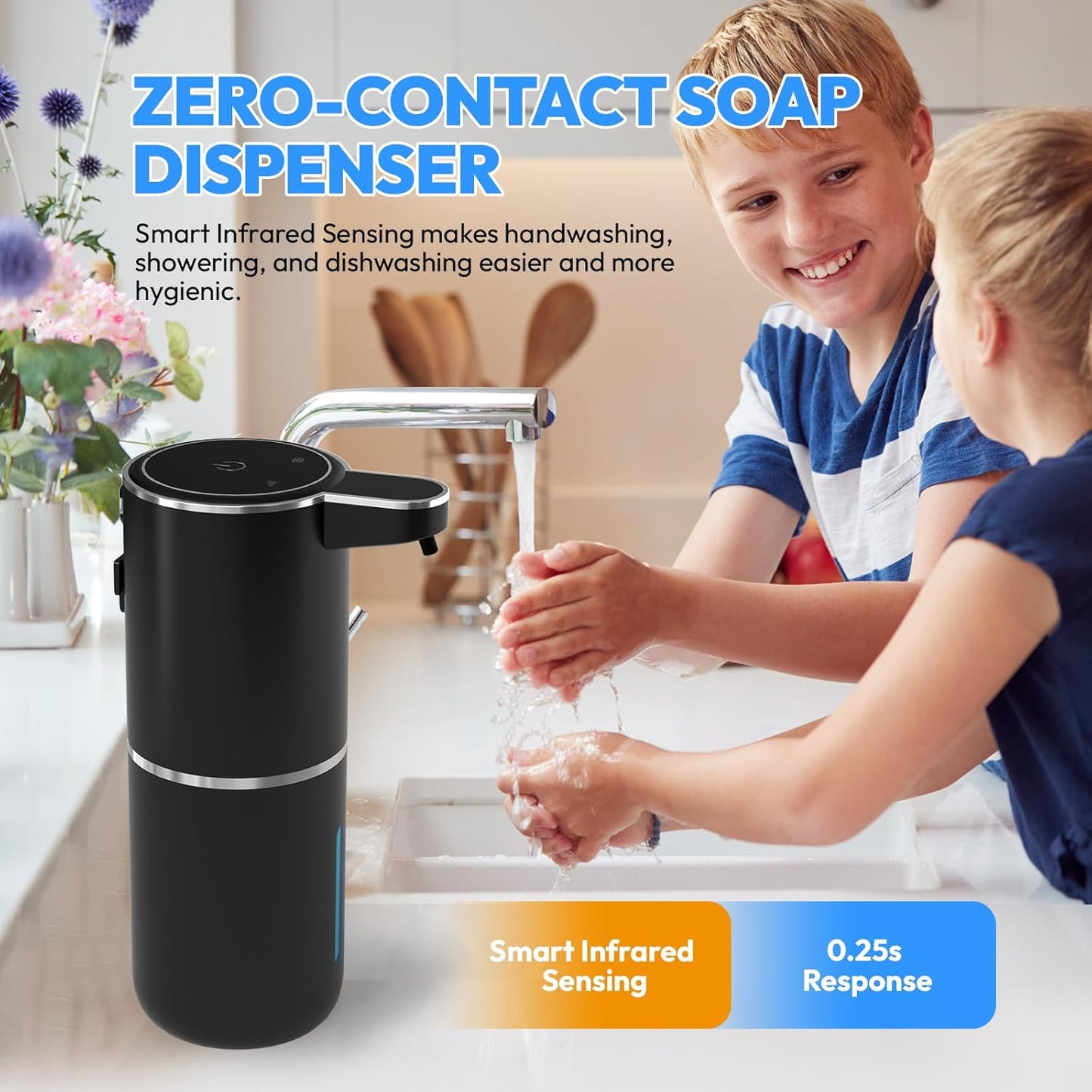 2 Pack Automatic Foaming Soap Dispenser,Touchless Foam Soap Dispenser,12.8oz Rechargeabled Wall Mounted Smart for Bathroom and Kitchen Dish Soap,Easy for Toddlers(Black)