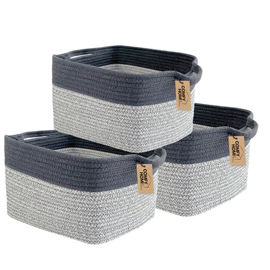 COMFY-HOMI 3Pack Cotton Rope Square Basket with Handles for Shelves|Dog Toy Storage Bin|Shoe Organizer - New 13.5" x 11" x 9.5" (Light Grey)