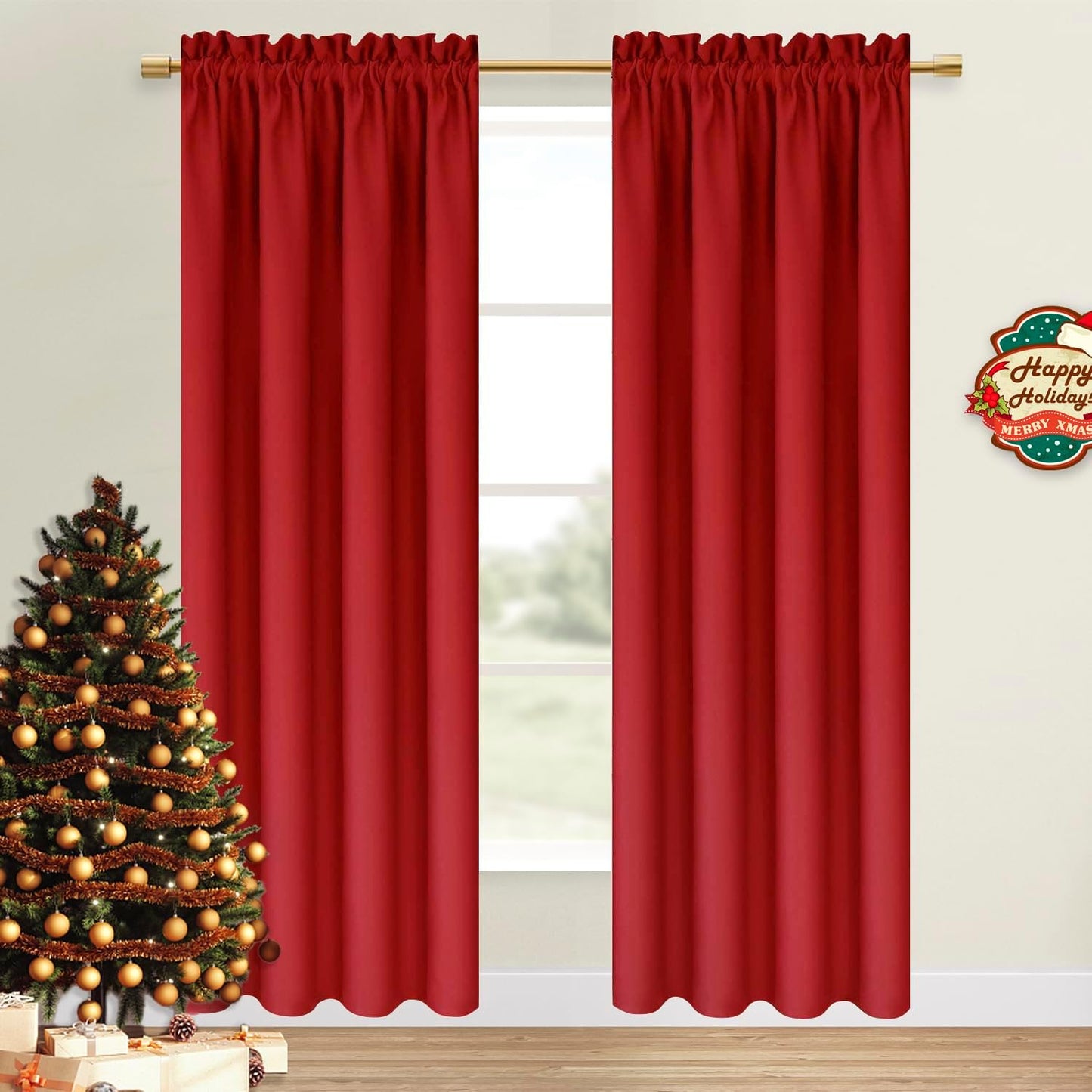 DWCN Christmas Blackout Curtains for Bedroom – Thermal Insulated Energy Saving Drapes for Living Room, Red, W 38 x L 84 Inch, Set of 2 Rod Pocket Curtain Panels