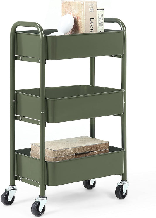 SunnyPoint 3-Tier Delicate Compact Rolling Metal Storage Organizer - Mobile Utility Cart Kitchen/Under Desk Cart with Caster Wheels - Army (15.35" X 10.24" X 26.8"H)