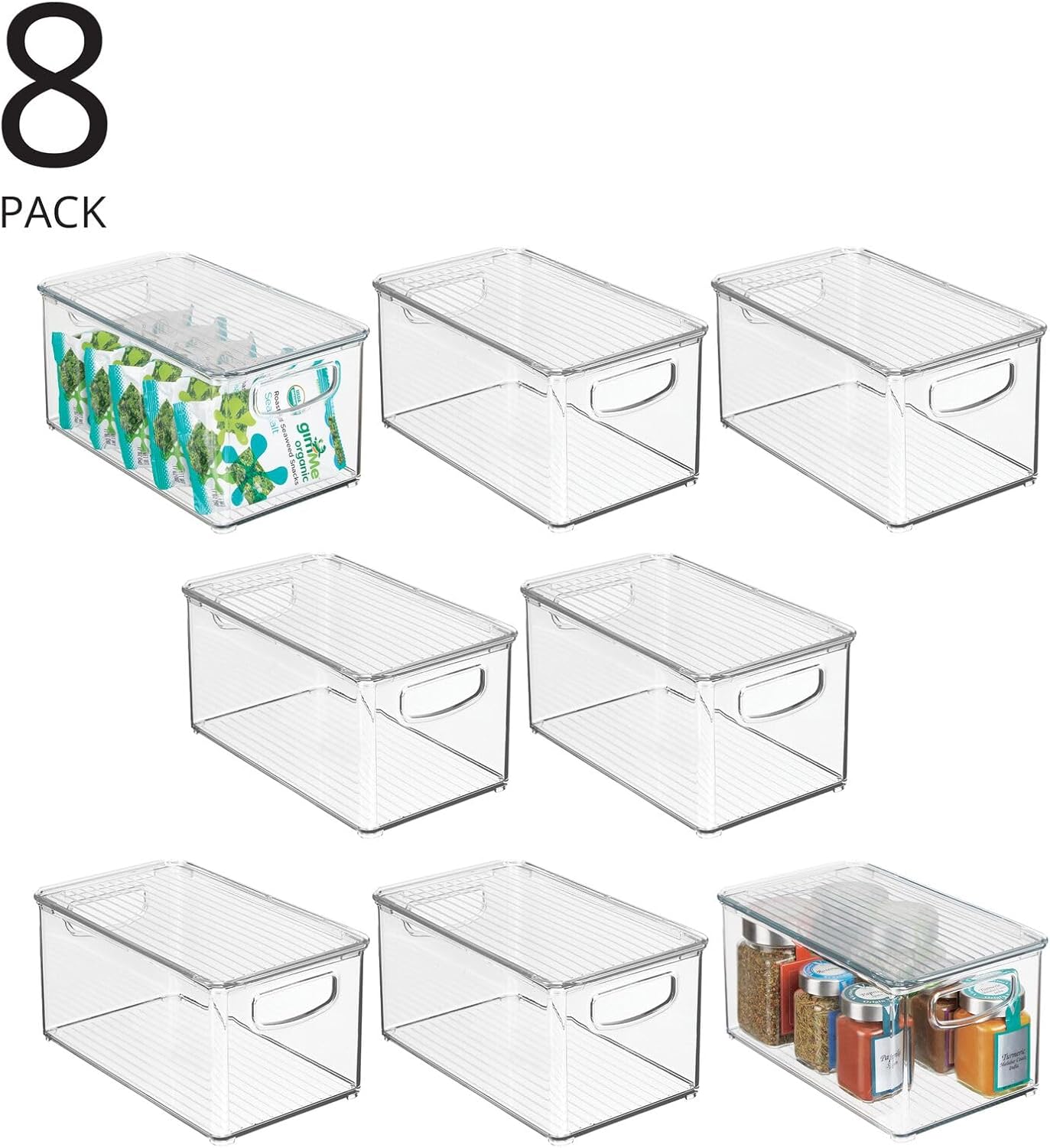 mDesign Plastic Deep Storage Bin Box Container with Lid and Built-In Handles - Organization for Fruit, Snacks, or Food in Kitchen Pantry, Cabinet, or Cupboard, Ligne Collection, 8 Pack, Clear