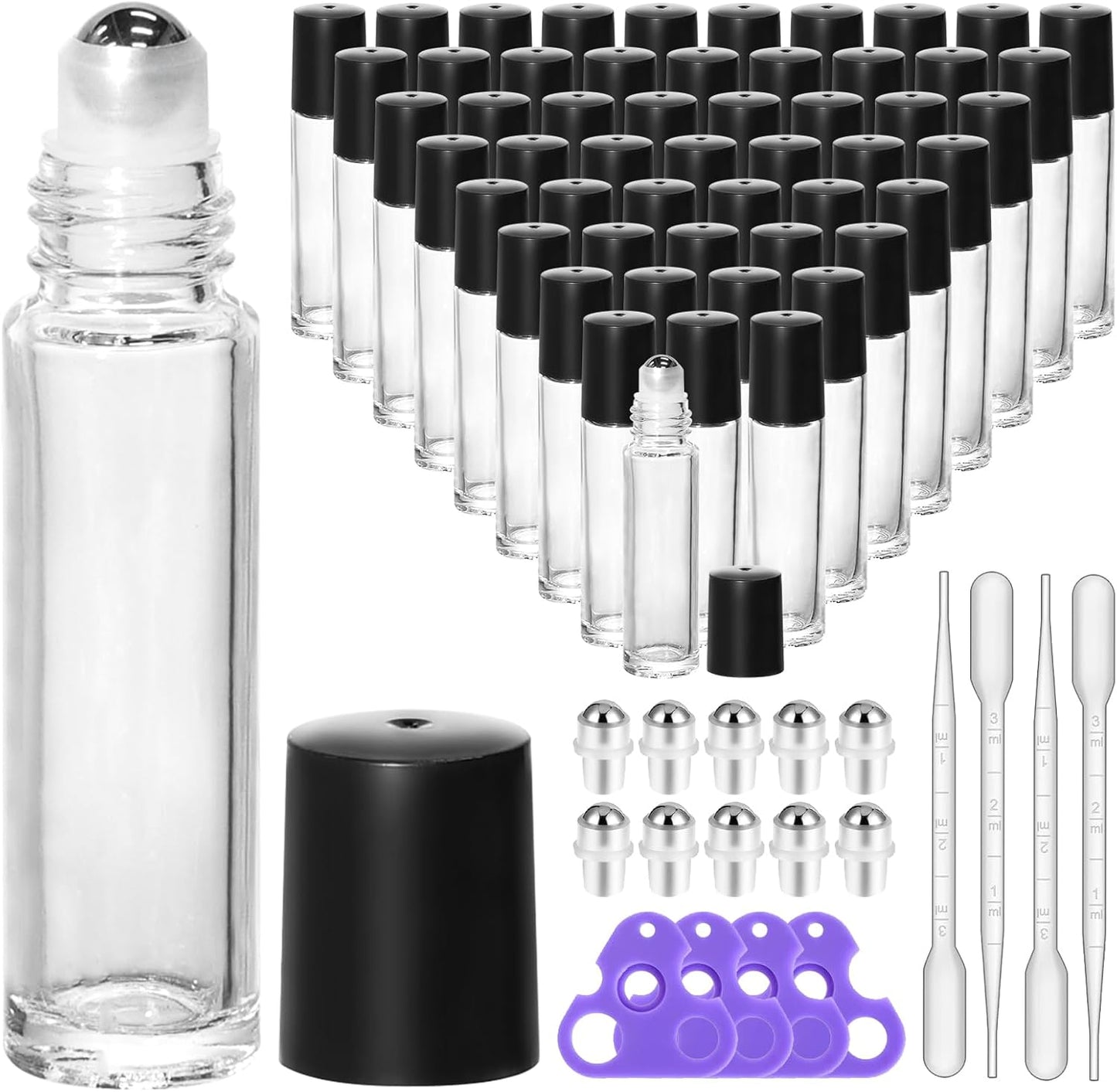 KEYWING 54 Pack Clear Essential Oil Roller Bottles – 10ml Glass Roll-On Bottles with Stainless Steel Roller Balls & Caps, Refillable Perfume Containers for Travel & DIY