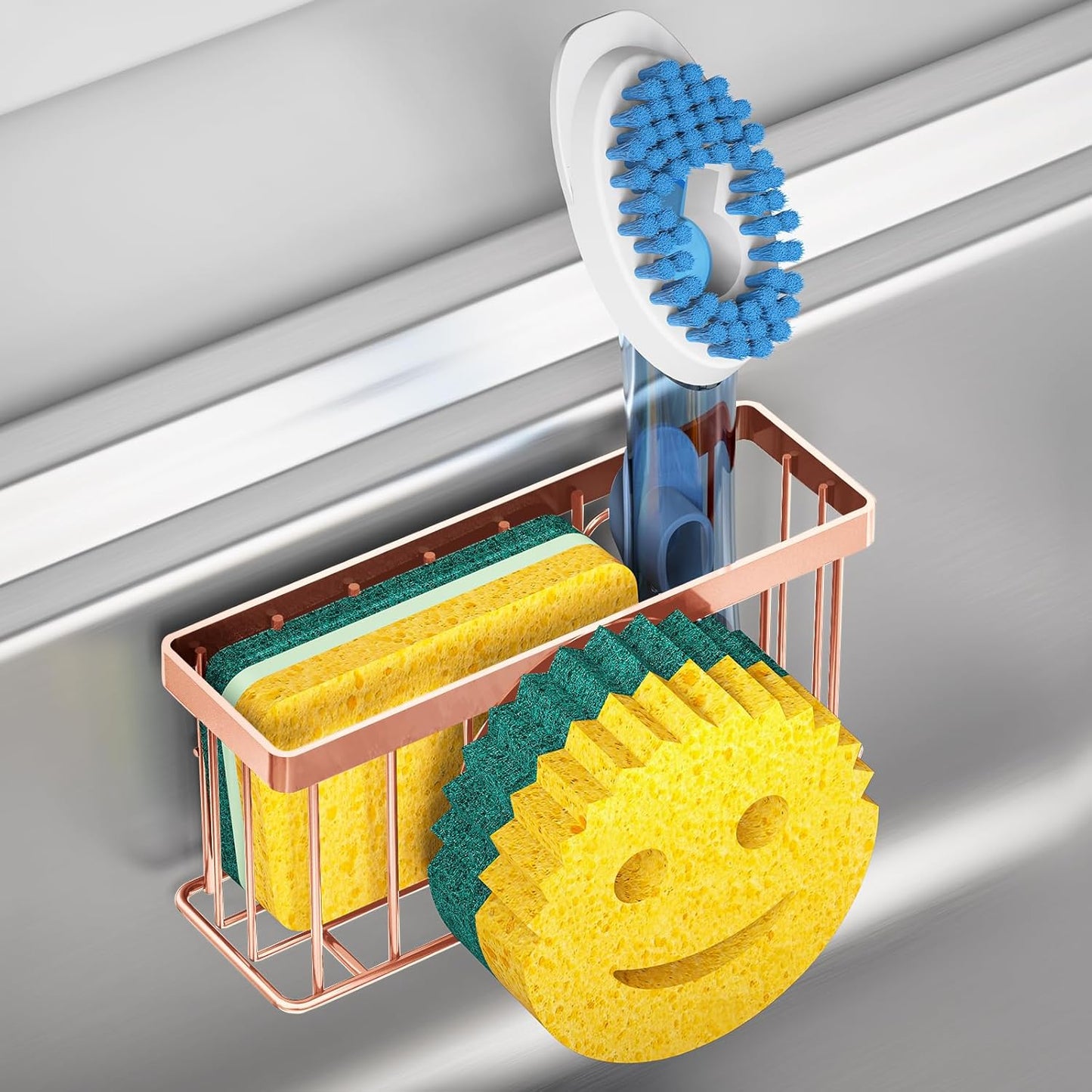 Sponge Holder Smiley Face,Sink Caddy for Kitchen Sink,Sponge Holder with 2 PCS Suction Cups/1 PCS Adhesive Strips,Designed for Sponge,Soap,Dish Brush,Scrubber-Rose Gold