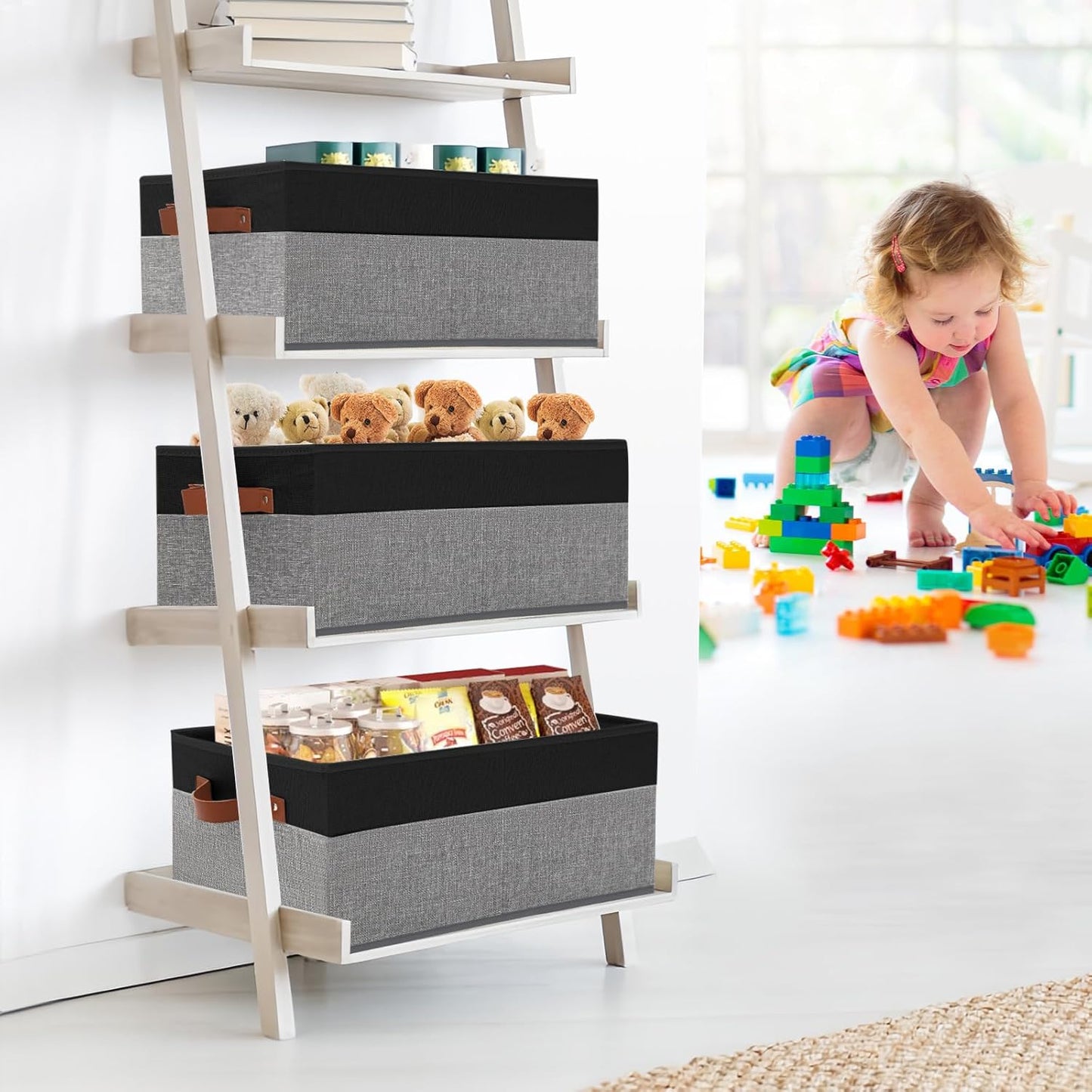 3 Pack Large Capacity Storage Bins Closet Organizer for Shelves, Fabric Closet Storage Baskets Boxes with Leather Handles for Organizing Clothes, Sheets, Jeans, Toys, Books (Black and Grey)