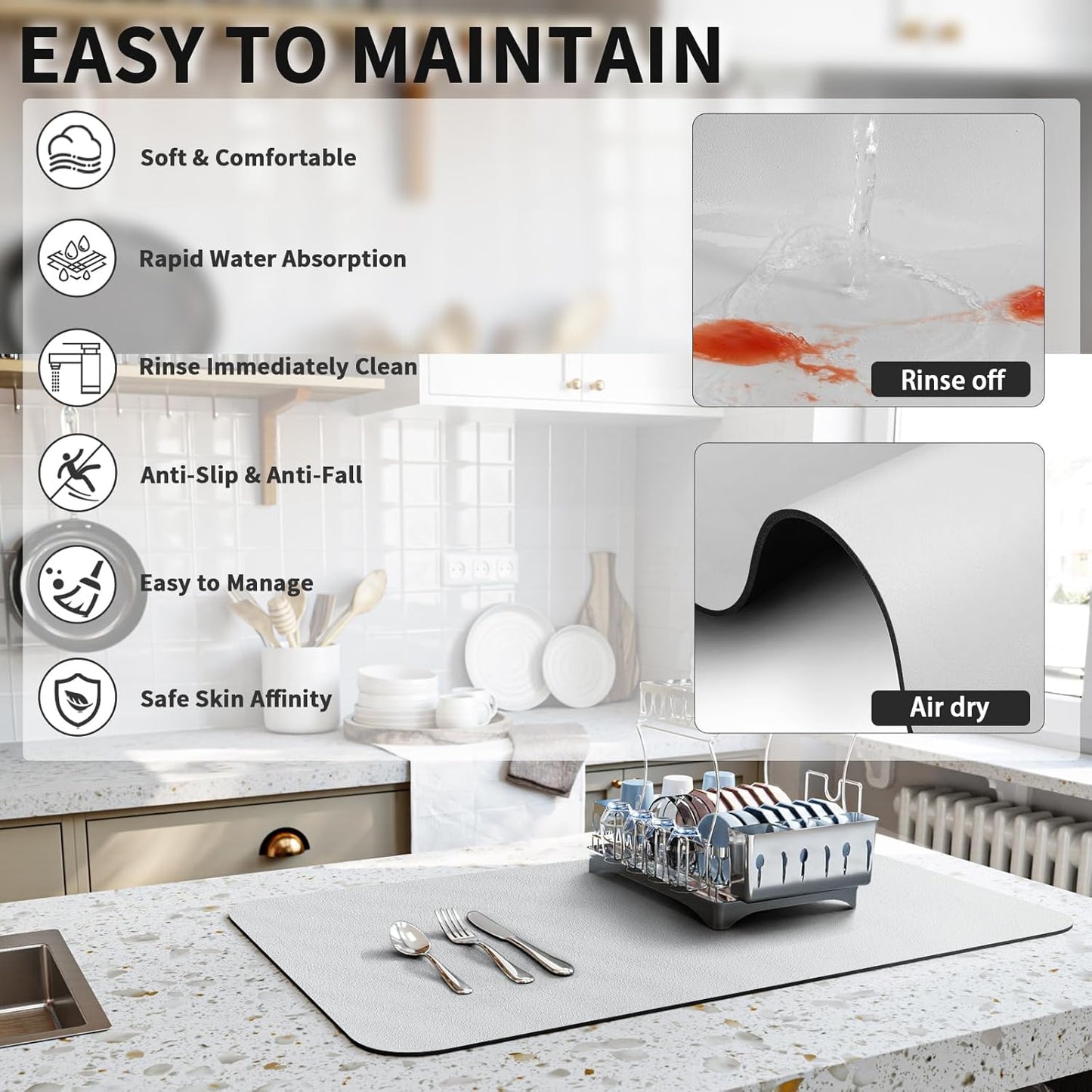 Dish Drying Mat for Kitchen Counter, Heat Resistant Drainer Mats with Non-slip Rubber Backed, Hide Stain Kitchen Super Absorbent Draining Mat, Easy to Clean Dish Rack Pad, Light Grey 18"x28"