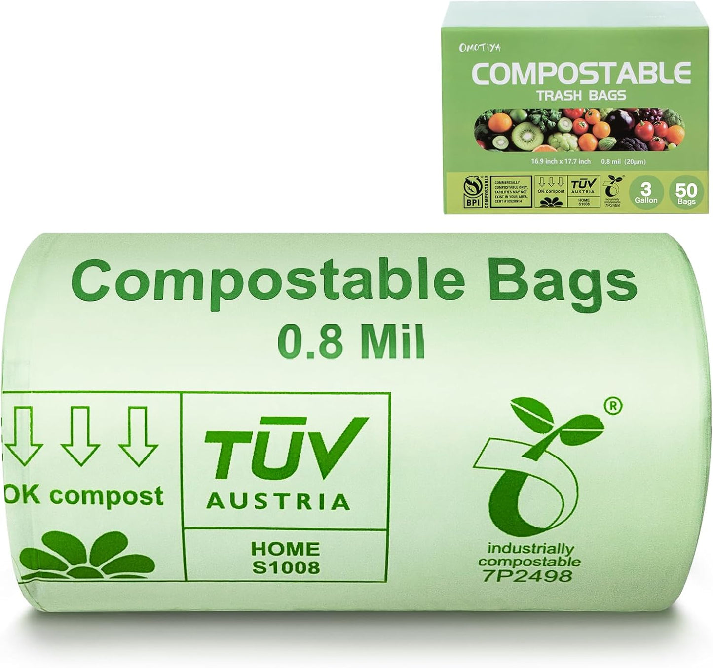 Compostable Trash Bags, Small Compost Bags 3 Gallon, Extra Thick 0.8 Mils, 16.9" x 17.7", 50 Count, Compostable Food Scrap Bags for Kitchen Waste, Green Bin Liners for Garbage Disposal