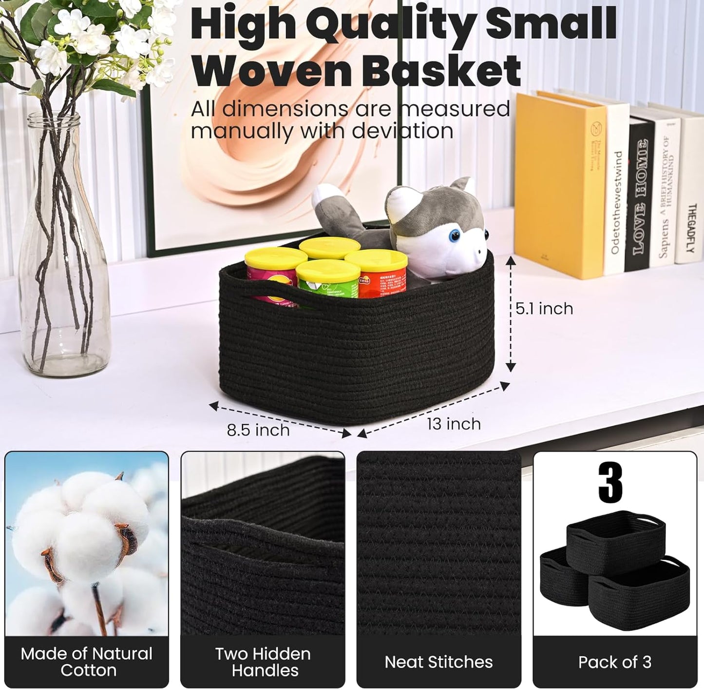 Small Black Baskets for Organizing, Storage Baskets for Shelves, Small Woven Cotton Rope Basket for Storage, Basket for Gifts Empty, 13"×8.5"×5.1" (3 Packs) Black