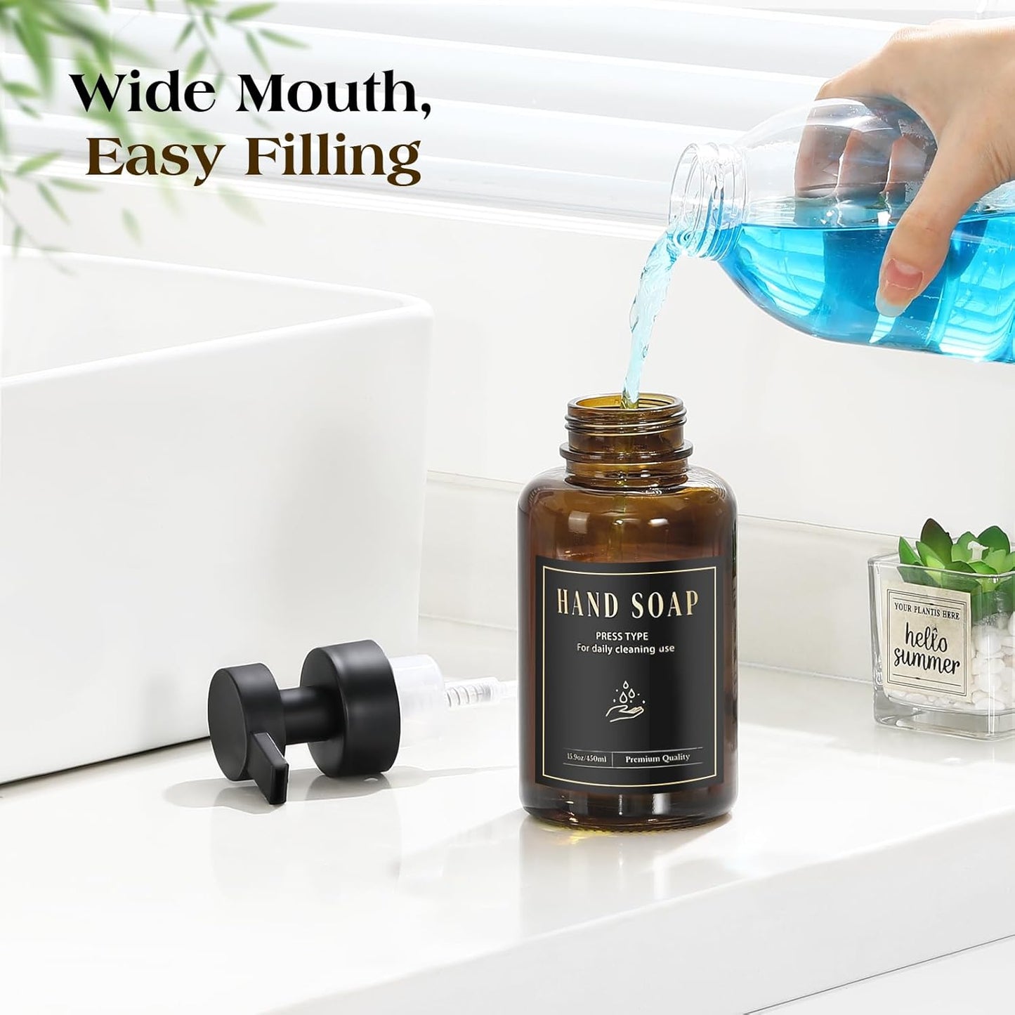 Luxspire Foaming Soap Dispenser, Glass Foam Pump Soap Dispenser, Non-Slip Silicone Sleeve & 5 Waterproof Labels, 15 Oz Refillable Liquid Bottle for Bathroom & Kitchen, Amber, 1 Pack