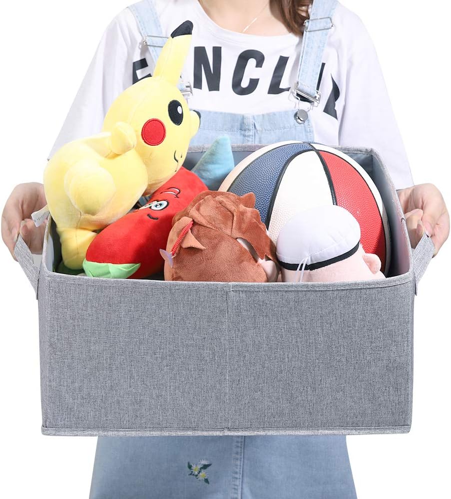 HOONEX Linen Foldable Storage Bins with Lids, 2 Pack, Storage Boxes with Carrying Handles and Sturdy Heavy Cardboard, 16.5" L x 11.8" W x 7.5" H for Shoes, Books, Clothes, Light Grey