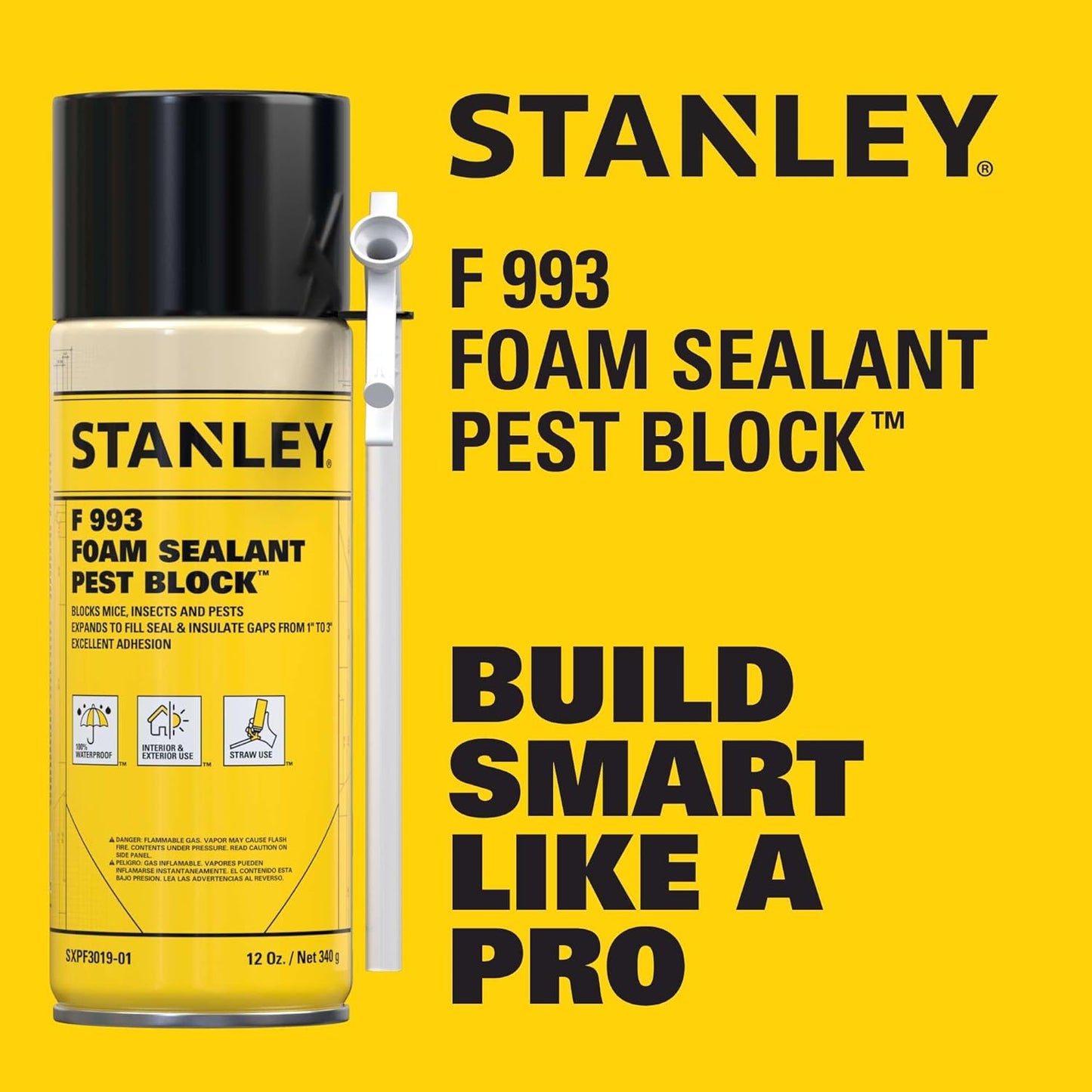 Stanley F993 Expanding Foam Sealant Spray – (12x12oz) Gaps & Cracks Filler, PestBlocker for Indoor/Outdoor Use – Paintable, Waterproof, Polyurethane Insulation Foam with Straw Applicator | 12 Pack