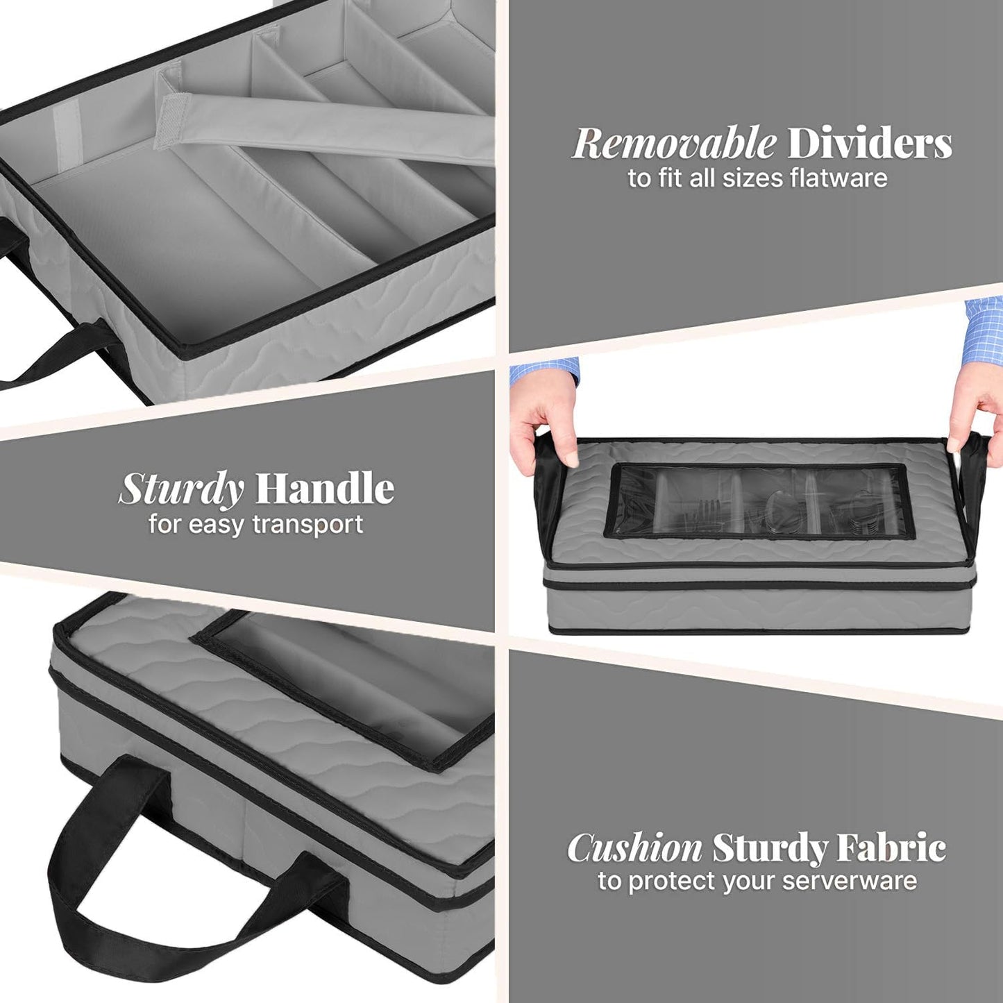 Flatware Storage Case - Durable 5 Compartment Silverware Storage Container Box with Removable Lid and Easy to Carry Handles - Large Capacity Keeps Your Cutlery Organized & Protected - Gray