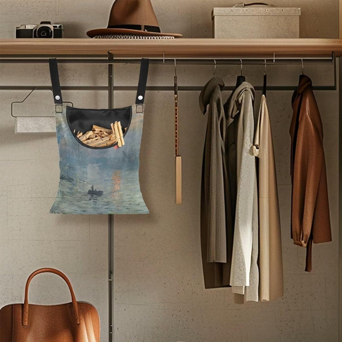 Heavy Duty Outdoor Clothespin Bag - Impression Sunrise Print Windproof & Water Repellent Hanging Storage for Clothesline Accessories - Extra Large Opening with Reinforced Stitching