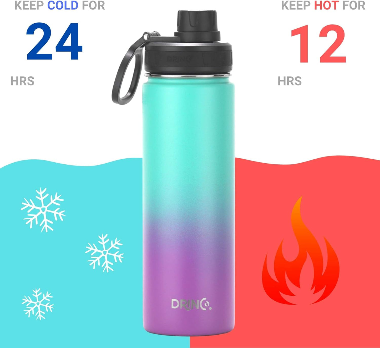 DRINCO Stainless Steel Water Bottle Spout Lid Vacuum Insulated Double Wall Water Bottle Wide Mouth (40oz 32oz 22oz 18oz 14oz) Leak Proof Keeps Cold or Hot (22 oz, 22oz Ombre Fuschia Teal)