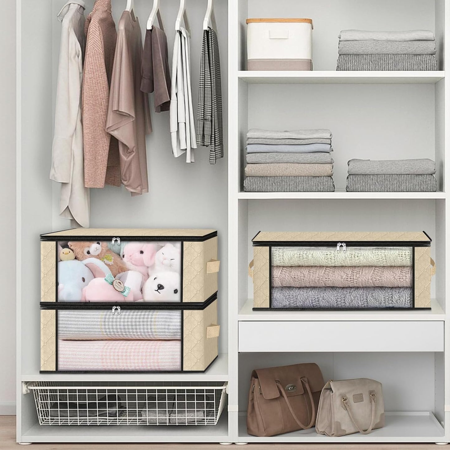 HomeHacks Storage 8-Pack Clothes Organizer Storage Bags Foldable Storage Box with Large Clear Window Sturdy Handles for Closet, Dorm, Pillows, Bedding, Clothes, Blankets, 35L, Beige