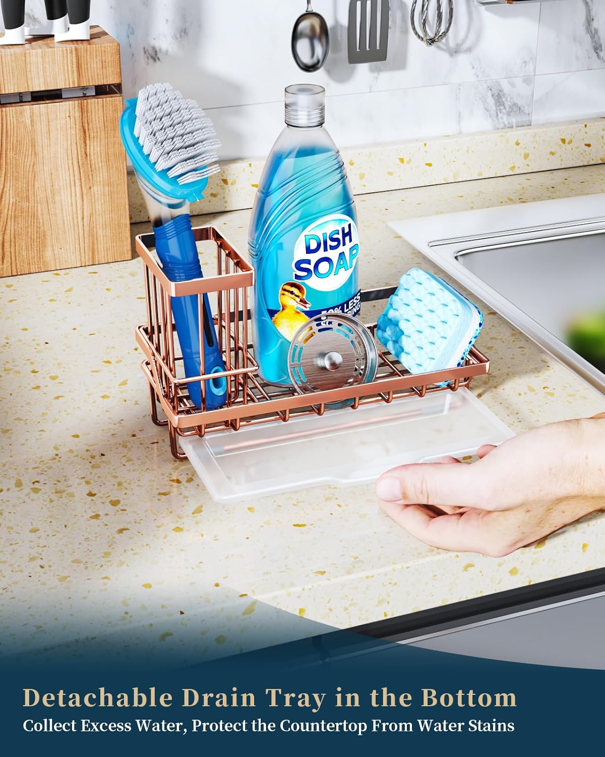 Consumest Sponge Holder for Kitchen Sink - Sink Caddy Kitchen Organizer with Removable Drip Tray for Countertop Dish Soap Dispenser Brush Storage Accessories 304 Stainless Steel, Rose Gold