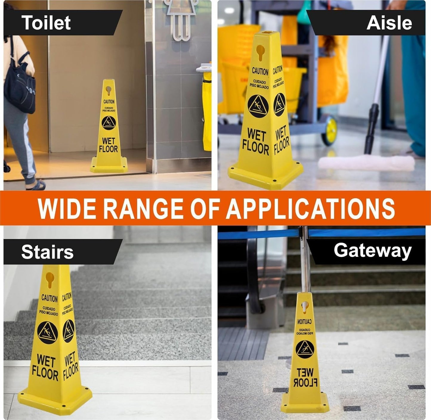 4-Pack 26.5" Caution Cones, 4-Sided Visible Safety Signs with Heavy Rubber Base, Warning for Slip & Fall Prevention, Indoor/Outdoor Use (Yellow, 4Pcs-Caution Wet Floor)