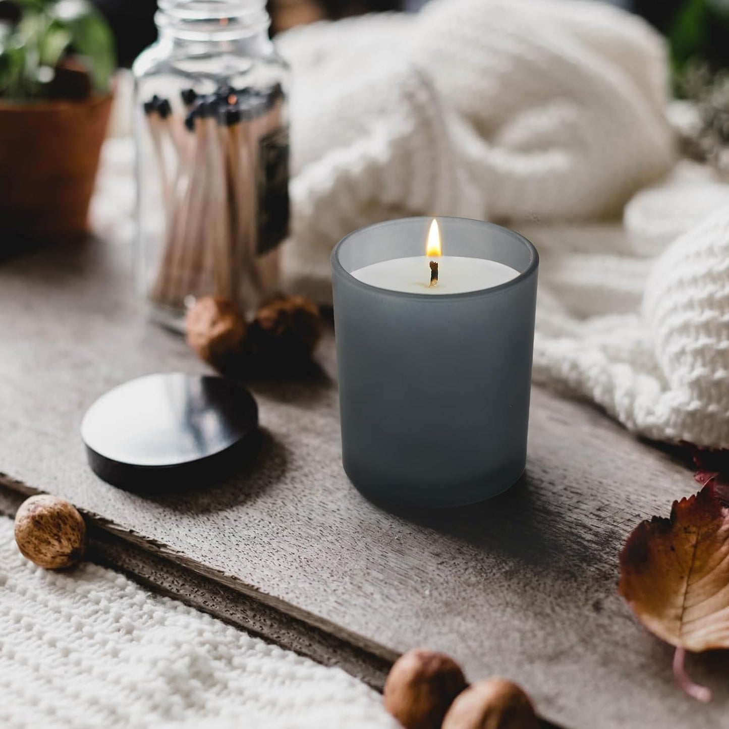 14 OZ Thick Candle Jars for Making Candles 12 Pcs, 3 Wick Empty Jars with Wood Lids for Candle Making, Sample Container, Frosted Grey