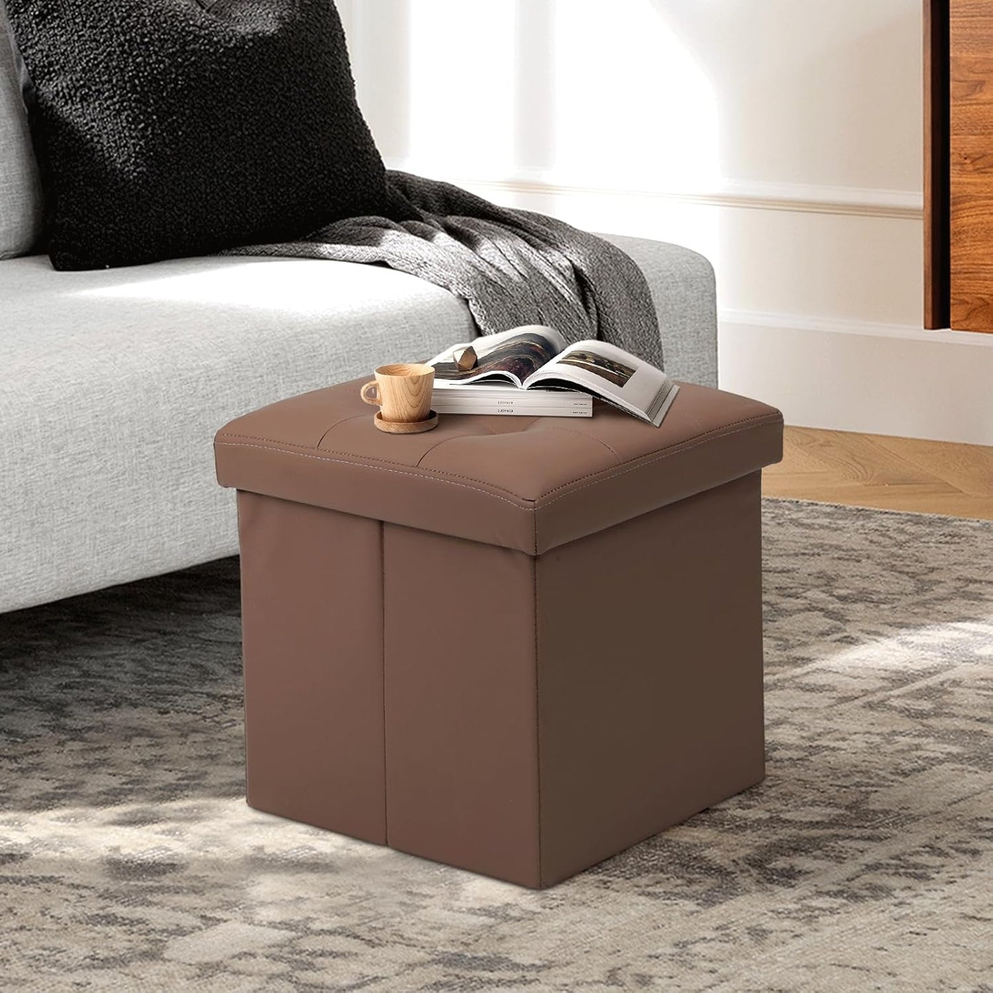 Athena Collection 15" Storage Ottoman Bench Folding Bench with 40L Hidden Storage, Small Cube Ottoman PU Leather Foot Rest Stool Chest with Flipping Lid for Living Room, Bedroom, Entryway, Brown