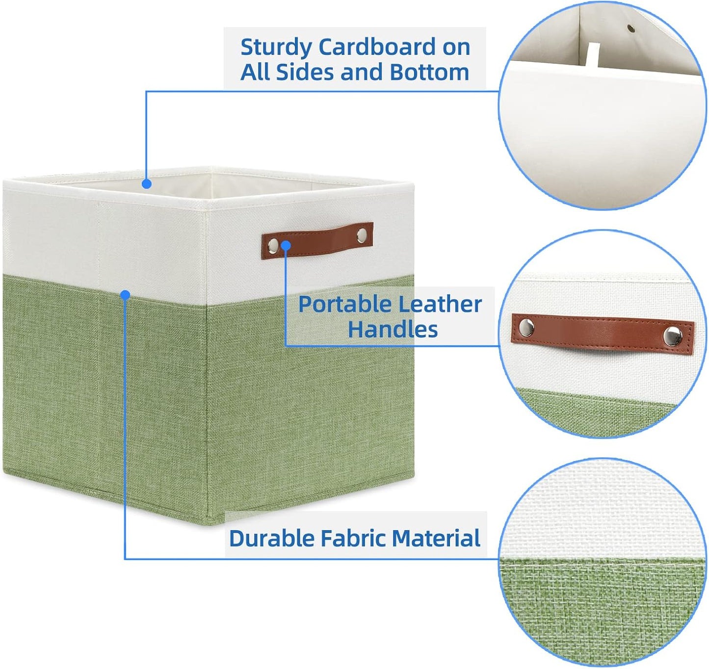 Temary 12 Inch Fabric Storage Cubes Storage Bins with Leather Handles, 4 Pack Cube Baskets Bins for Organizing Closet, Foldable Cloth Baskets for Shelves (White&Green)