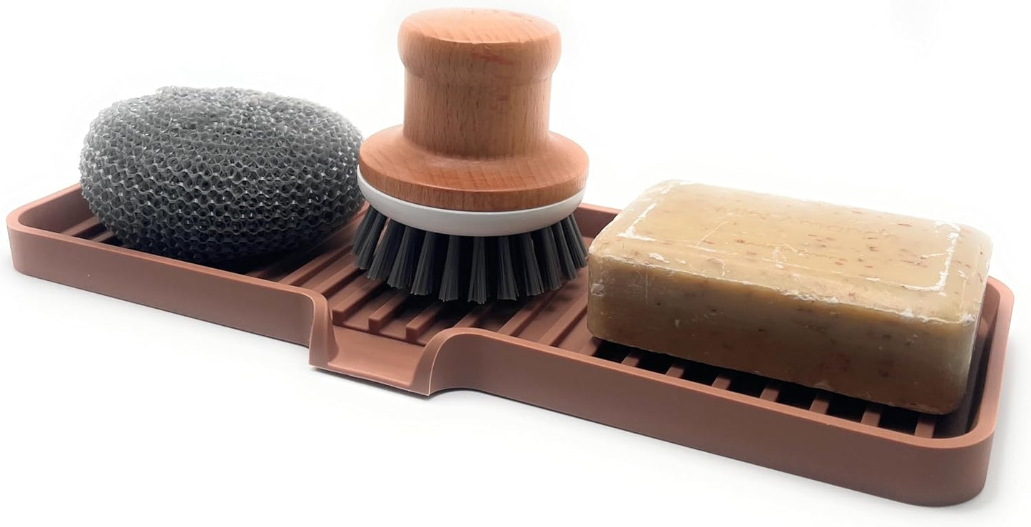 Happitasa Silicone Soap Dish Tray and Sponge Holder with Drain Chute | Bathroom and Kitchen Sink Organizer Caddy (Mocha, 12"x4", 7.4 Ounces)