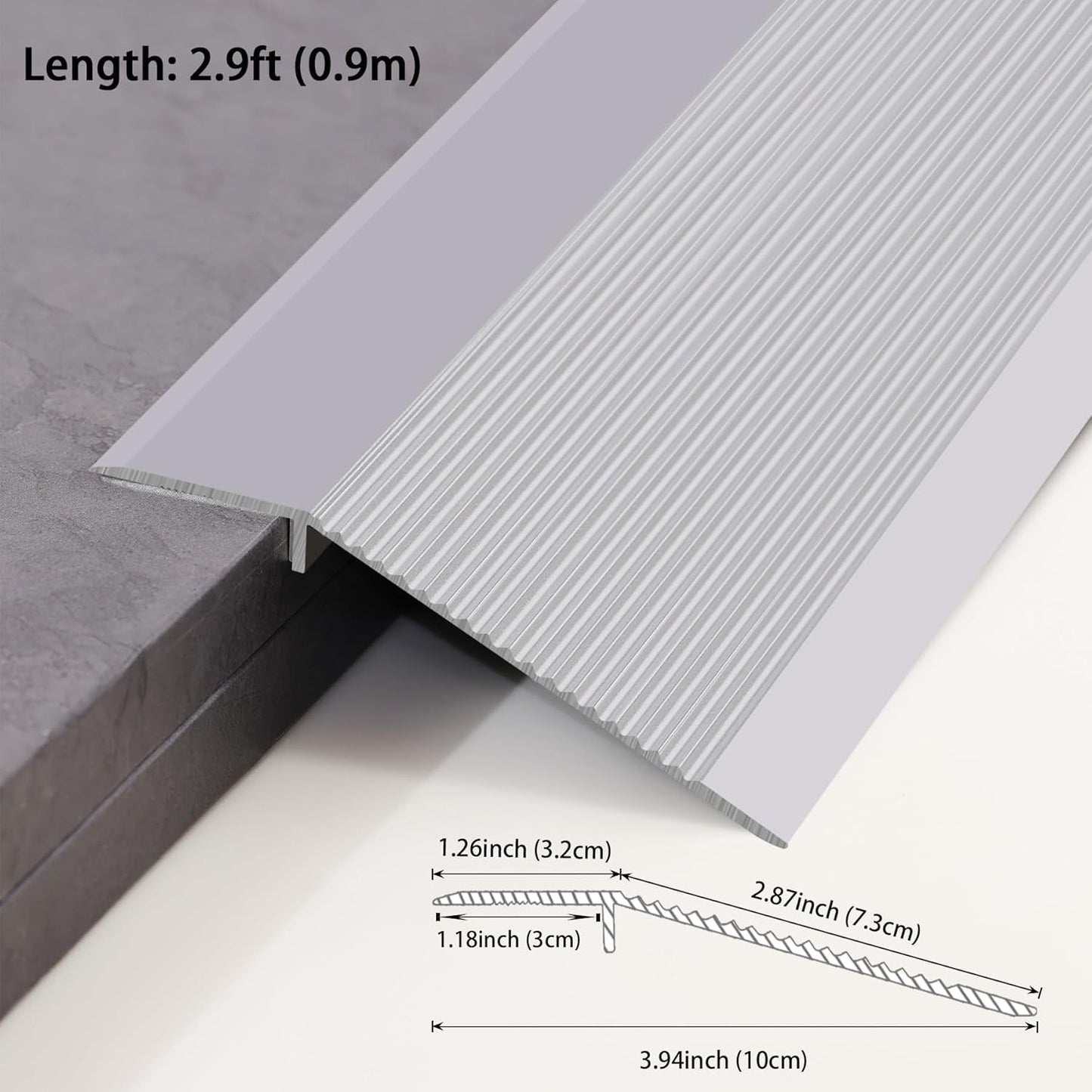 Gaahing Aluminum Floor Transition Threshold Strip, Bridge The Height Gap Between 0.3 to 1.6 inches for Doorway Ramp (2Pcs x 35.4in x 3.9in, Matte Silver)
