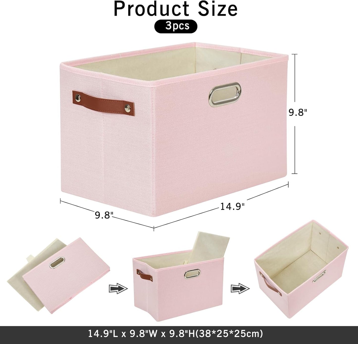 Large 3-Pack Foldable Fabric Storage Bins with Durable PU & Metal Handles, Collapsible Storage Baskets for Shelves, Home Storage, Closet Organizers, Living Room(14.9"x9.8"x9.8", Pink)