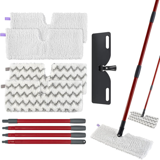 Microfiber Mops for Floor Cleaning, Dust Mop for Hardwood Floors with 2 Heavy Scrub Mop Pads, 2 Microfiber Pads and 4 Section Adjustable 58” Long Handle, Double-Sided Flip Flat Mops for Hardwood