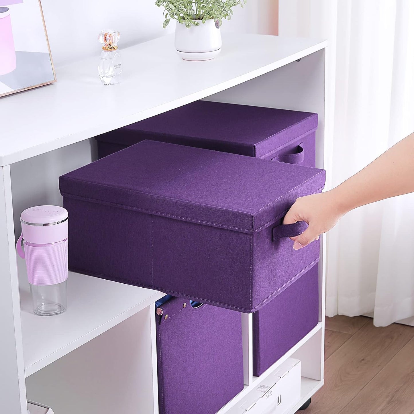 HOONEX Storage Bins with Lids for Organizing, Pack of 2, Storage Boxes with 2 Carry Handles and Sturdy Heavy Cardboard, 16.5" L x 11.8" W x 7.5" H for Shoes, Books, Clothes, Nursery, Dark Purple