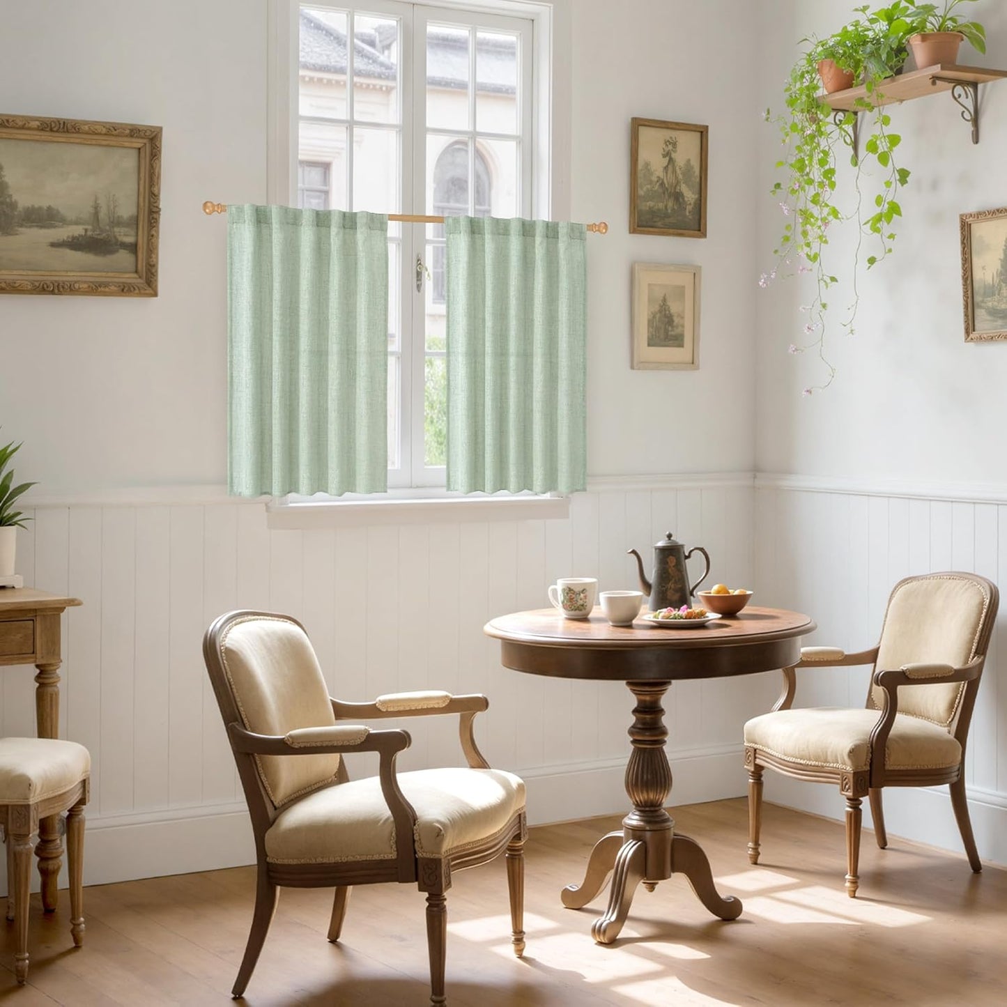 YoungsTex Sage Green Linen Semi Sheer Curtains 40 Inch Length for Kitchen Window, Short Drapes Light Filtering with Rod Pocket Back Tab for Cafe Bathroom, 2 Panels, 42 X 40 Inch