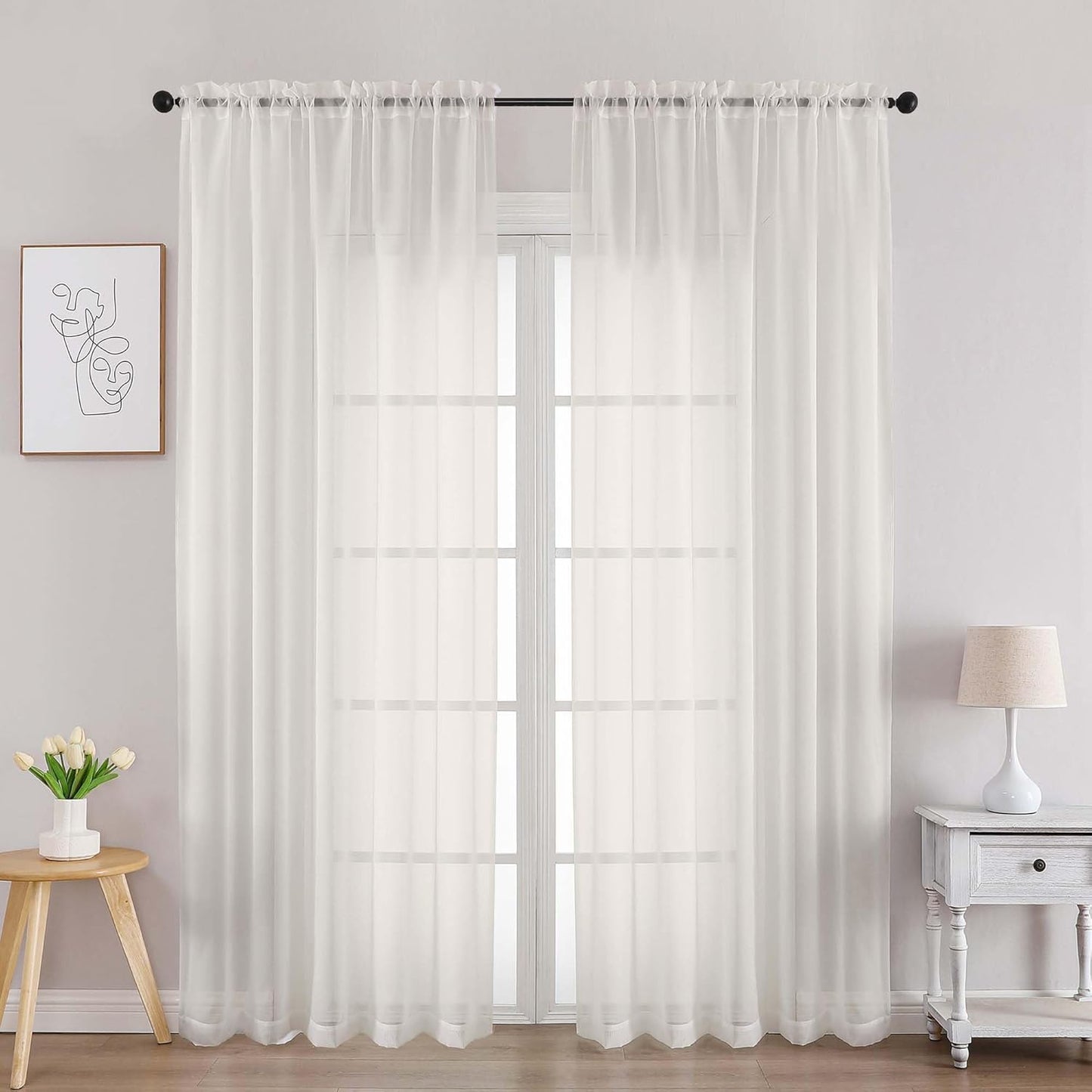 Chyhomenyc Ivory Sheer Curtains 84 Inches Long 2 Panels Set, Light Filtering Cream Voile Window Drapes for Bedroom Living Room, 42Wx84L Inch, Ivory, Set of 2