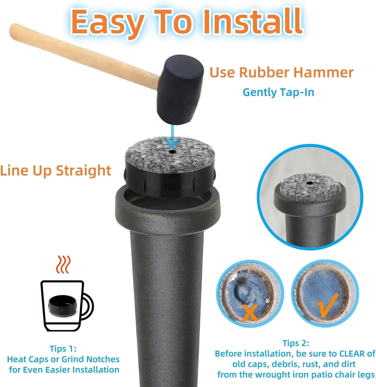 Wrought Iron Patio Furniture Feet Caps - Furnigear 1-1/2" Round Plastic Outdoor Chair Leg Caps, Floor Protectors Patio Furniture Replacement Rubber Feet with Heavy Duty Looped Felt (16 Pack, Black)