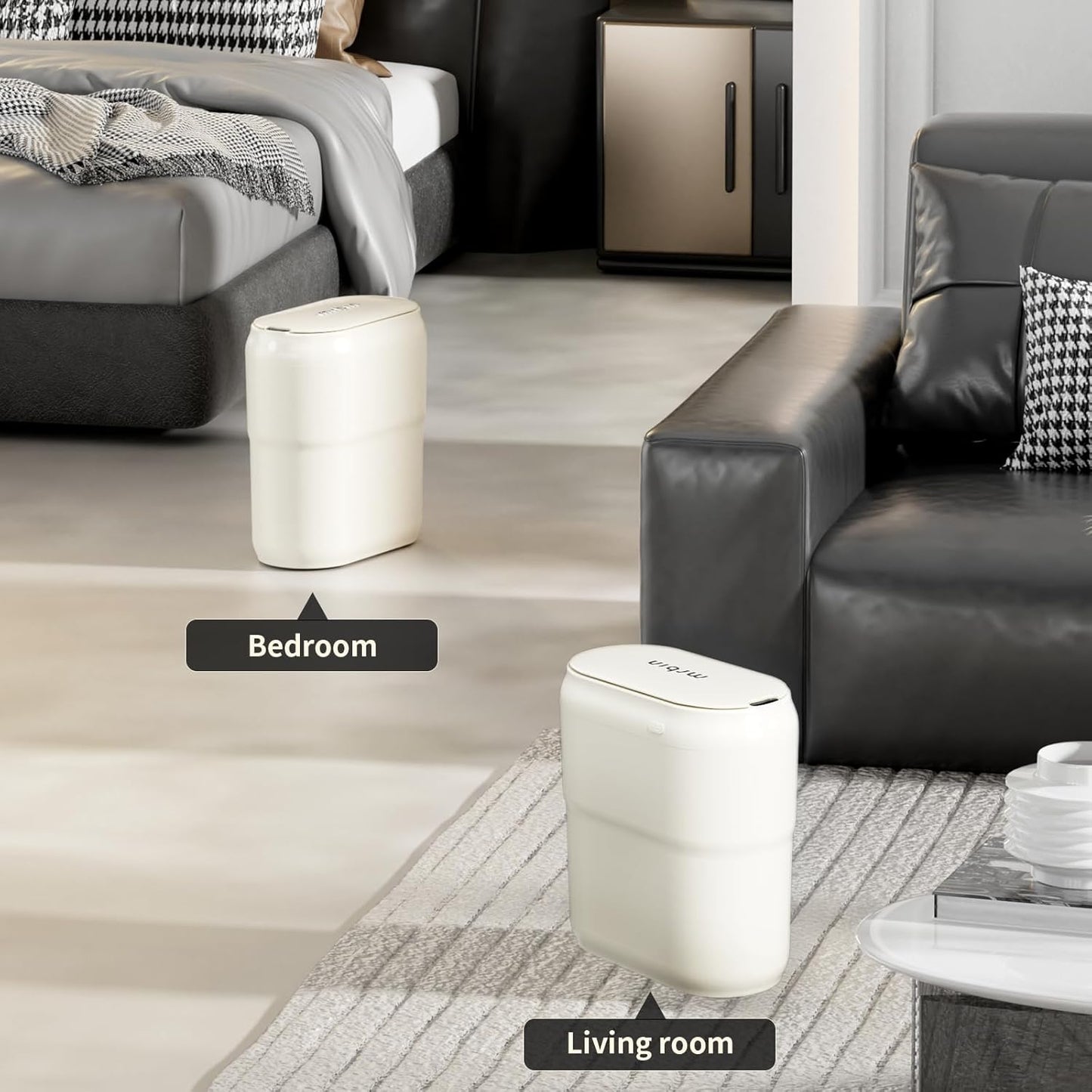 Slim Motion Sensor Trash Can for Bathroom, Automatic Compact Touchless Garbage Bin with Lid, 2.4 Gallon Small Electric Waste Basket for Narrow Apartment Dorm Office, Kitchen, Bedroom, Cream White