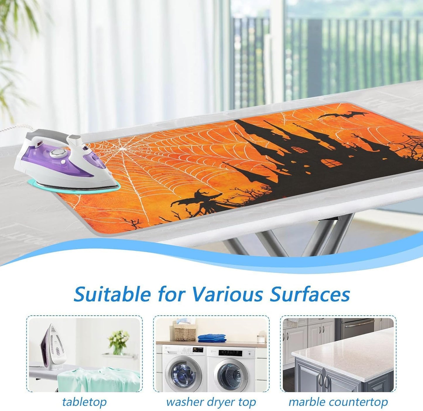 Orange Halloween Bat Castle 01 Ironing Mat for Table top Portable Ironing Pad Blanket for Washer Dryer Countertop Travel
