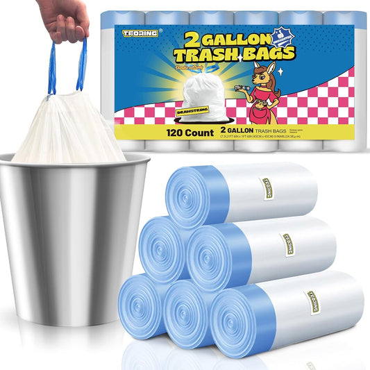 2 Gallon Trash Bags Drawstring 0.96 Mil - 120 Count Small Garbage Bags Unscented,White Mini Trash Can Liners Strong Little Waste Basket Bags 7.5 Liter for Home Bathroom Office Car