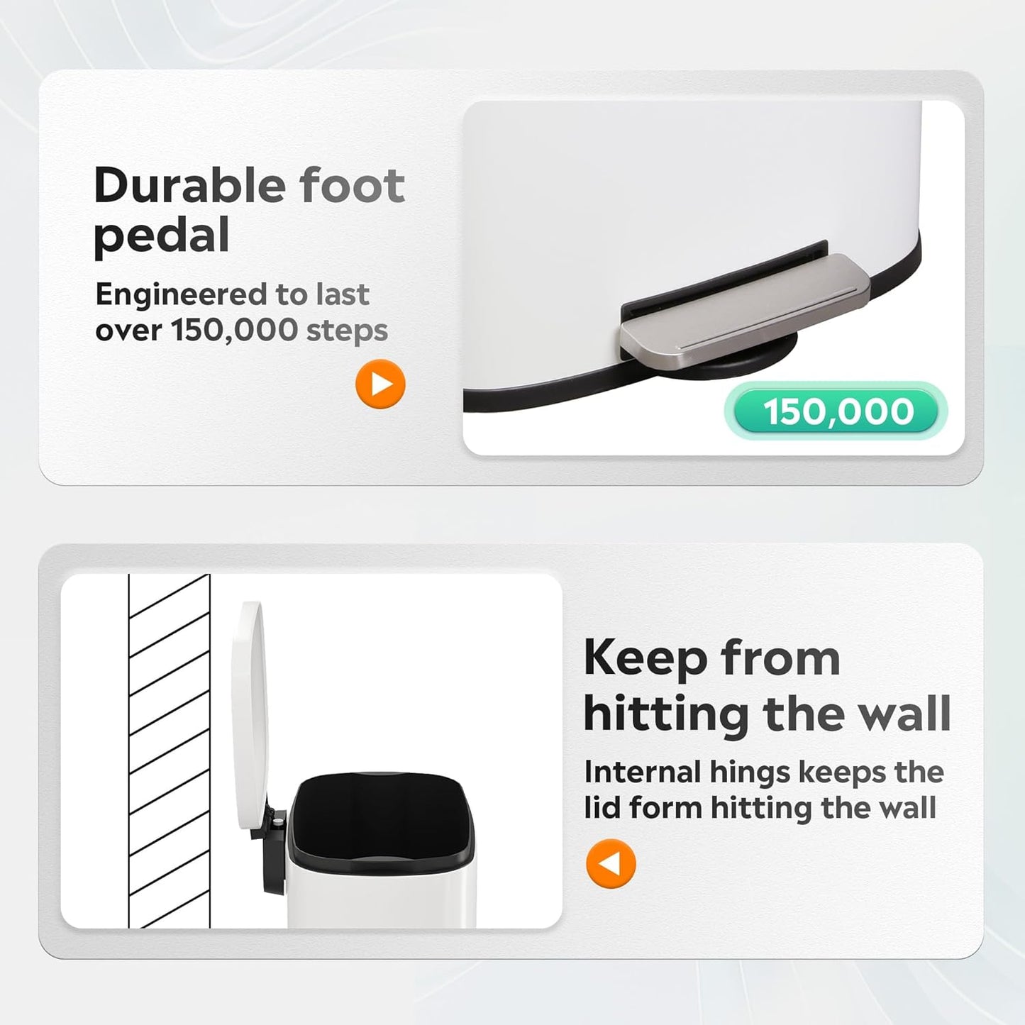 WLIVE 13 Gallon Stainless Steel Trash Can with Inner Bucket, Kitchen Garbage Can with Lid, 50L Soft Close Step Trash Can with Metal Foot for Home, Kitchen, Laundry Room, Office, White