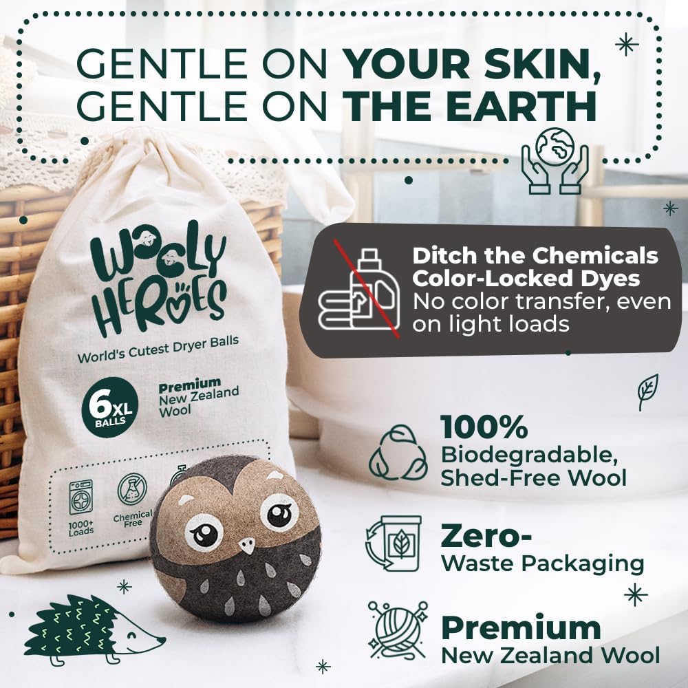 No More Dryer Sheets! Reusable Wool Dryer Balls XL 6-Pack - Reduces Static, Cuts Dry Time, & Softens Naturally