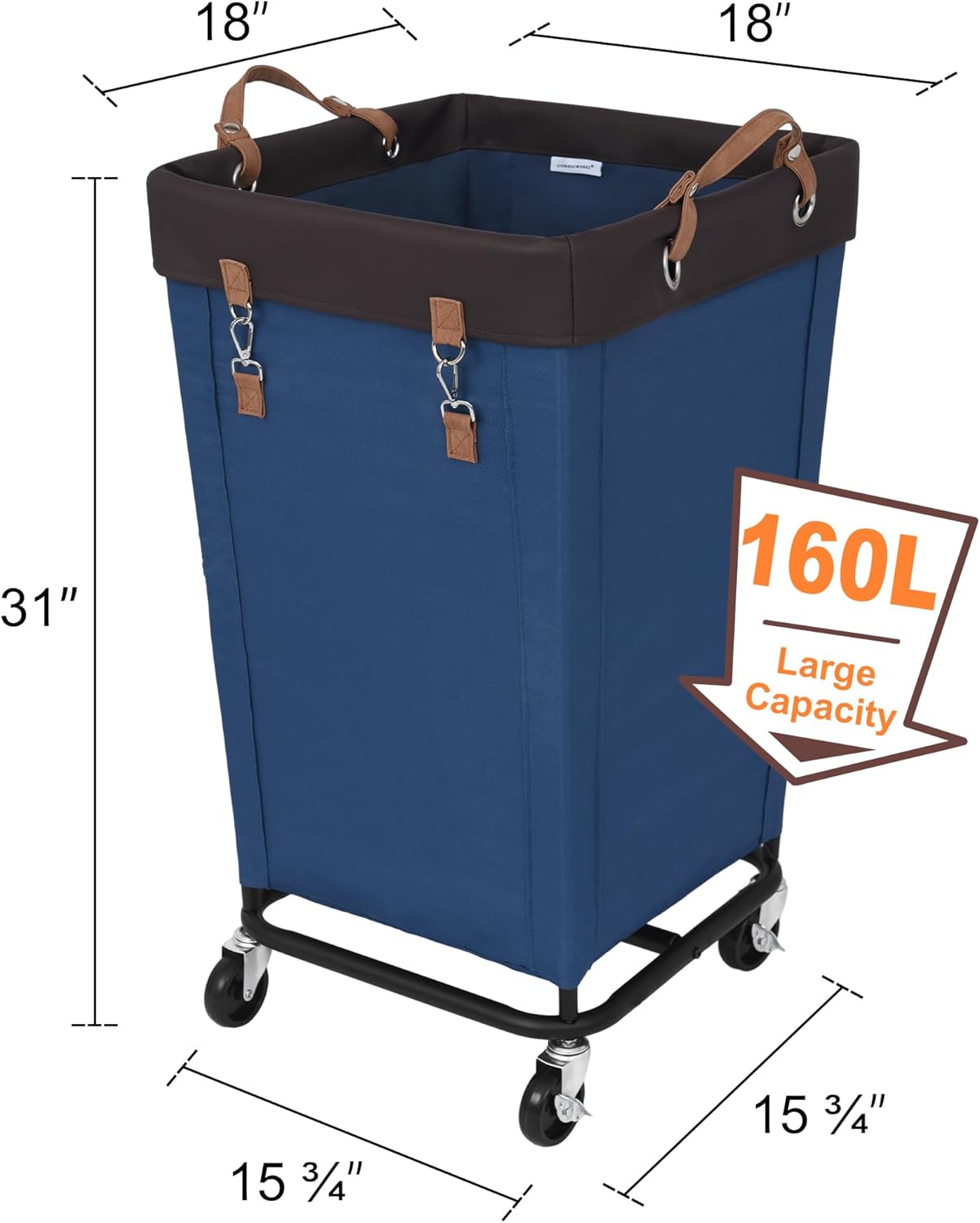 StorageWorks 160L Laundry Basket with Wheels, Large Rolling Hampers for Clothing Organizer, Dirty Clothes Basket for Hotel, Home, Closet, Dorm, Blue