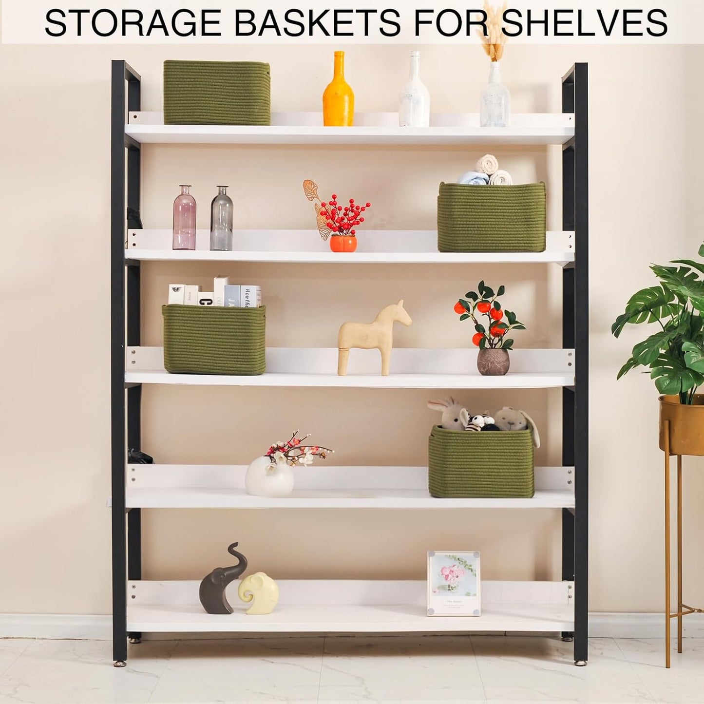 Small Storage Baskets for Organizing, Woven Storage Baskets for Shelves, Cotton Rope Basket for Storage, Cute Rectangular Book Toy Green Basket, 12.7"×9.1"×7.9", 4 Packs, Green