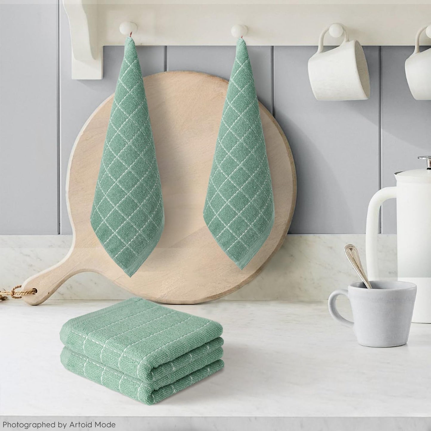 Artoid Mode Checkered Designed Cotton Light Green Terry Kitchen Dish Cloths, 12x12 Inch Soft Absorbent Quick Drying Cleaning Kitchen Rags Set of 6