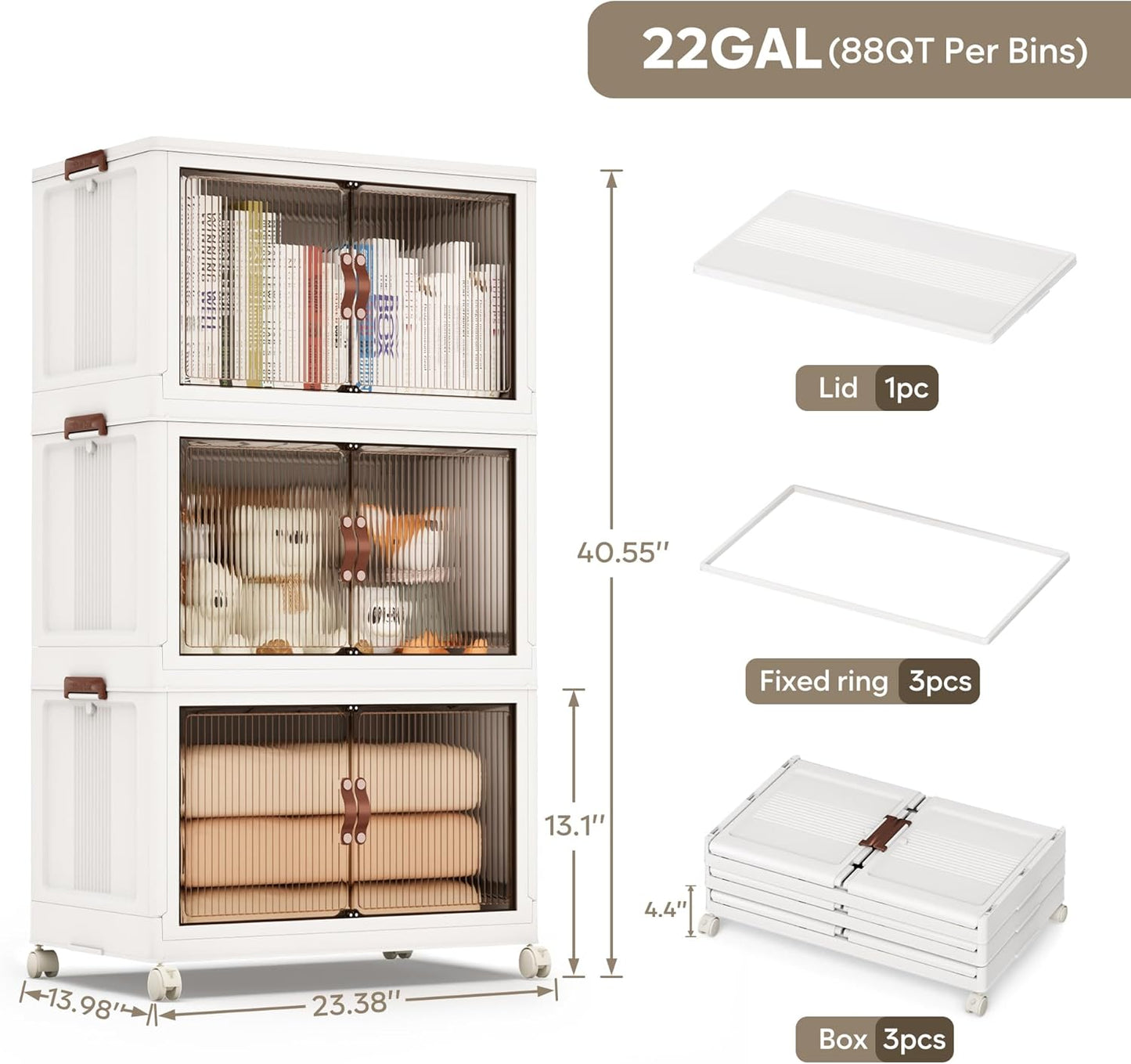 Jalove 88QT Plastic Storage Bins with lids, Stackable Collapsible Storage Containers with Wheels, Closet Organizer and Storage Drawers, Clothes Storage Cabinet for Home Office Garage, 3 Pack White