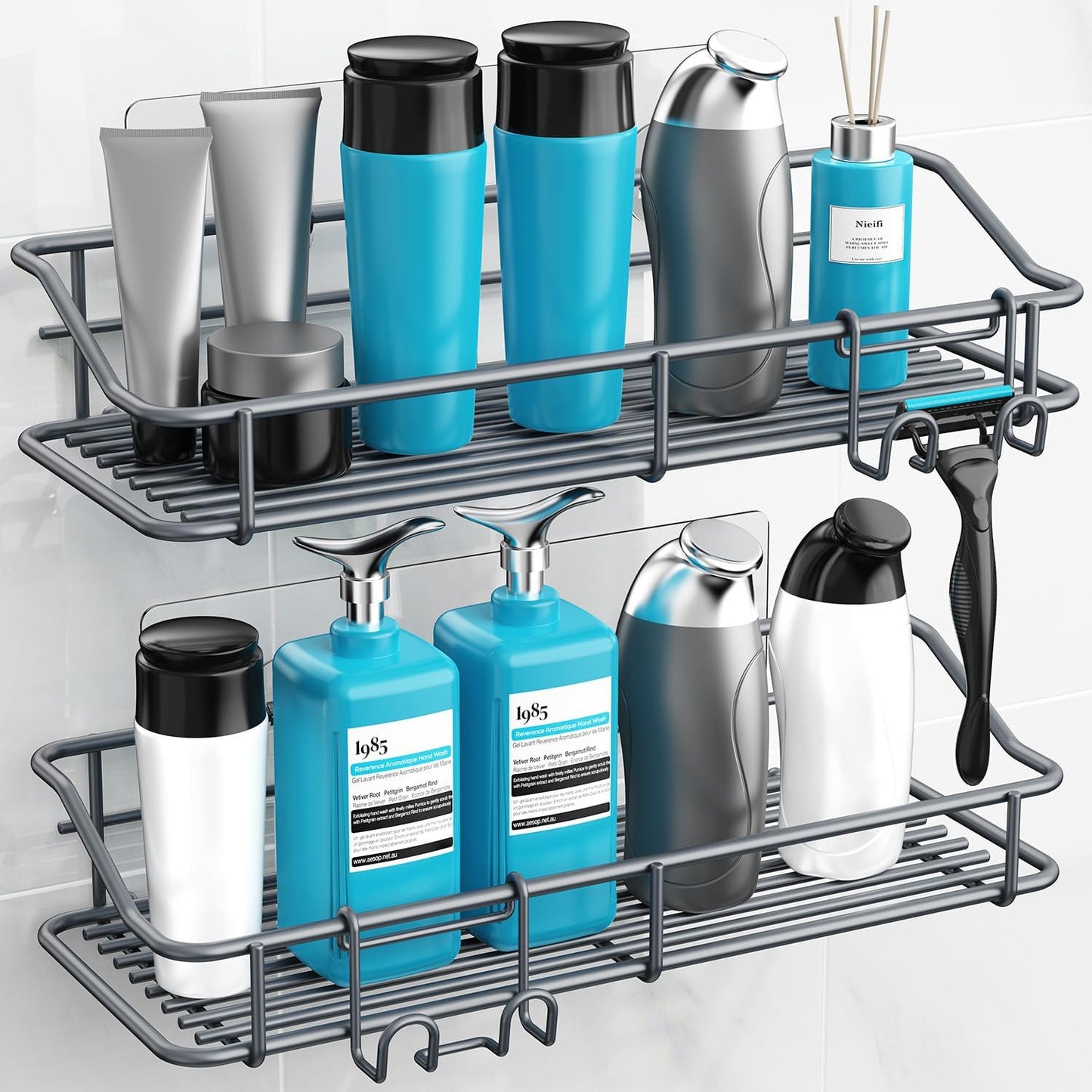 Nieifi Shower Caddy Shelf with Hooks Storage Rack Organizer Adhesive Stainless Steel Without Drilling for Bathroom, Lavatory, Washroom, Restroom, Shower, Toilet, Kitchen - 2 Pack (Gray)