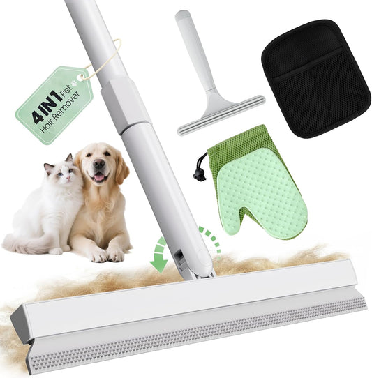 Carpet Rake for Pet Hair Removal Tool - 4 in 1 Pet Hair Remover Kit for Dog Cat Fur Remover, Contain 60" Adjustable Rubber Broom, Glove, Magic Brush and Scraper for Home Furniture, Rugs, Mats