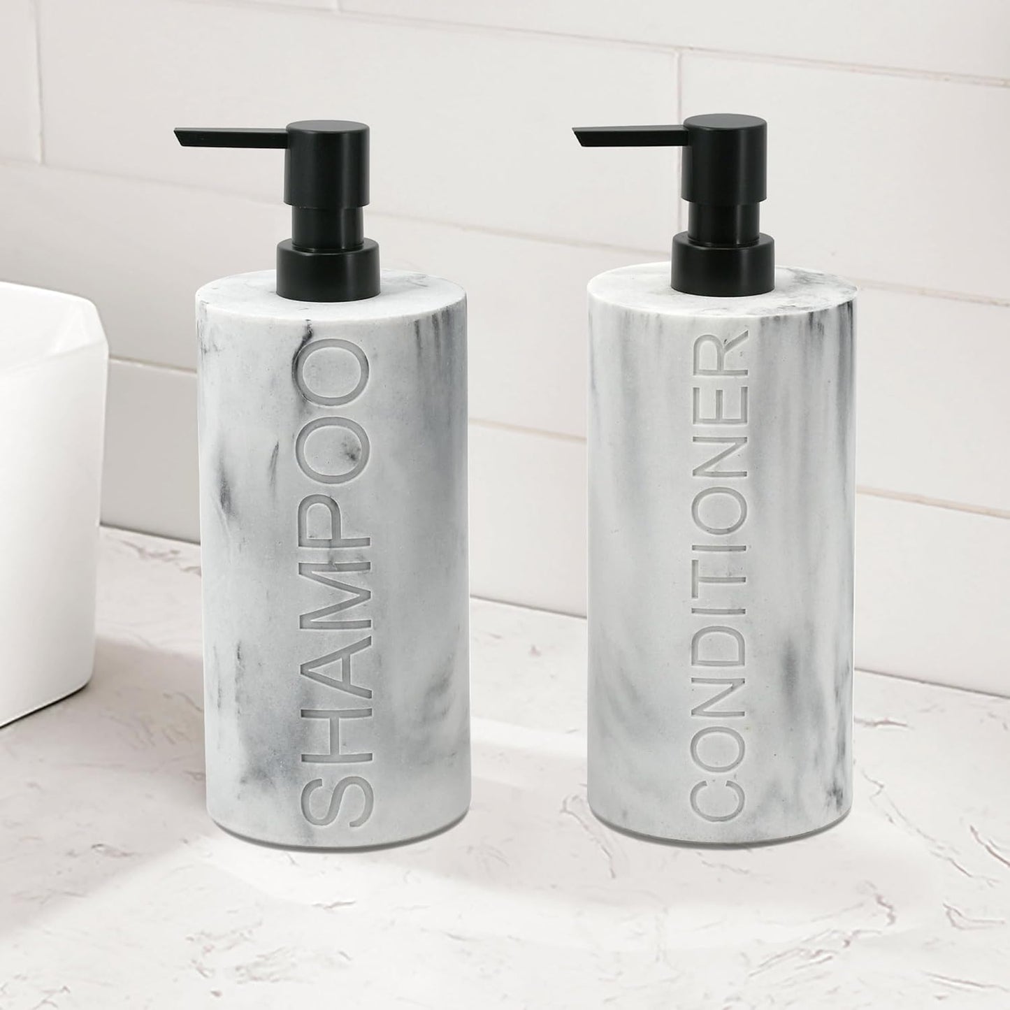 Marble Resin 2 Piece Shampoo and Conditioner Dispenser Set, Luxurious Refillable Pump Bottles with Matte Pump Top and Embossed Text, Durable Design for Bathroom and Shower