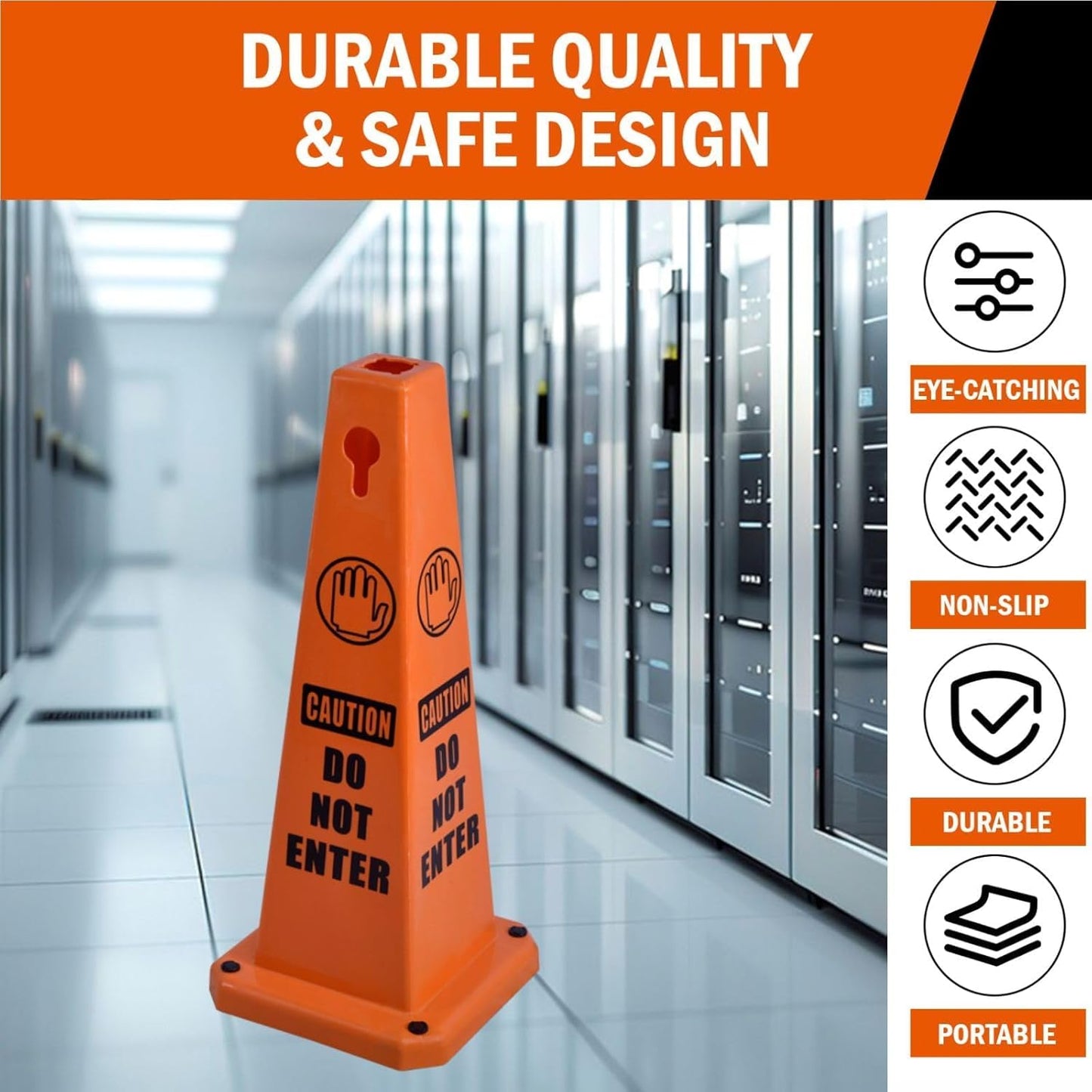 4-Pack 26.5" Caution Cones, 4-Sided Visible Safety Signs with Heavy Rubber Base, Warning for Slip & Fall Prevention, Indoor/Outdoor Use (Orange, 4Pcs-Do Not Enter)