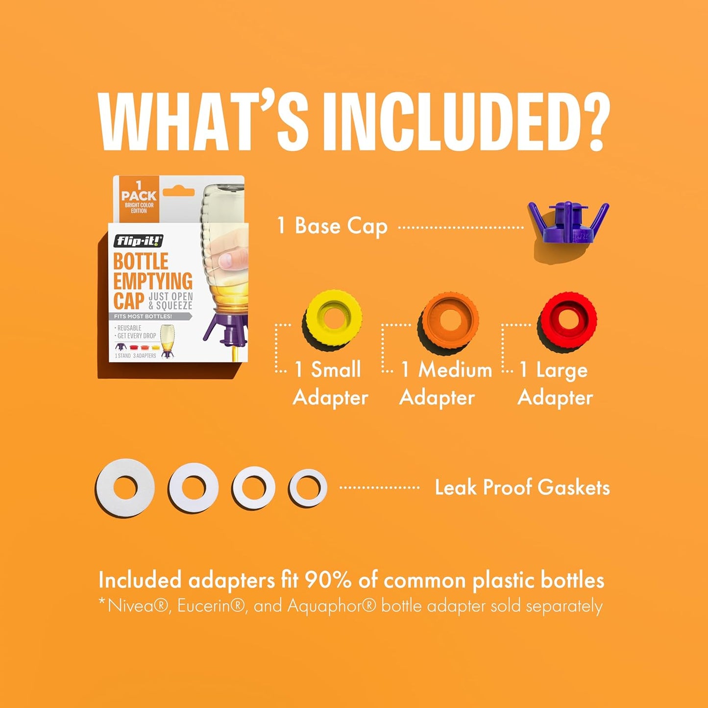 Flip-It! 1-Pack Bottle Emptying Kit – No More Wasted Product - Fits Most Plastic Bottles – Get Out Every Drop of Shampoos, Lotions, & More – 1 Base Cap, 3 Adapters – Bright Color Edition